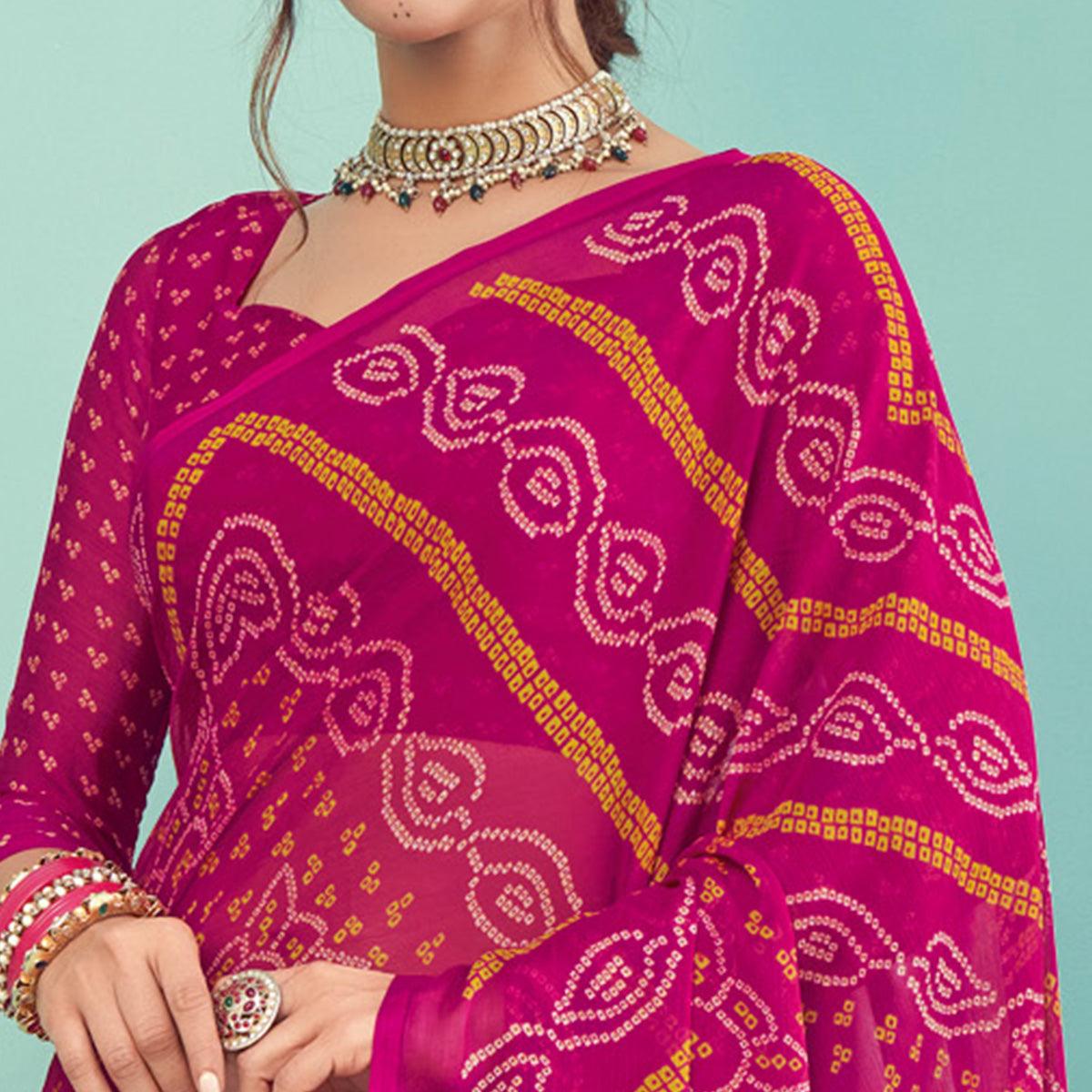 Pink Casual Wear Printed Chiffon Bandhani Saree - Peachmode