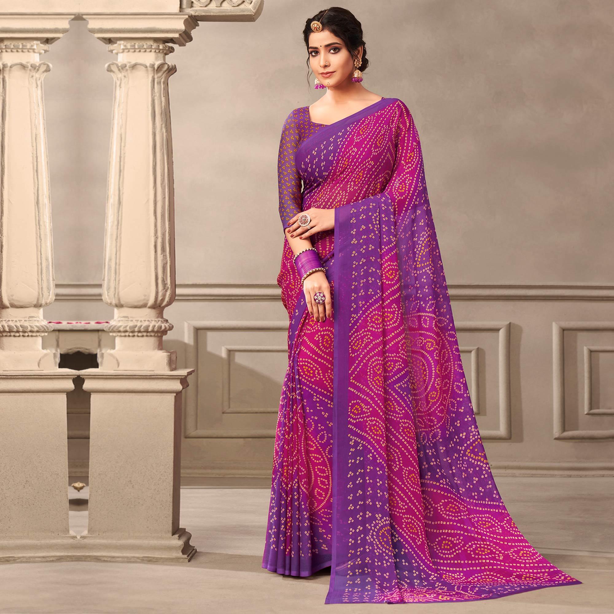 Pink Casual Wear Printed Chiffon Saree - Peachmode