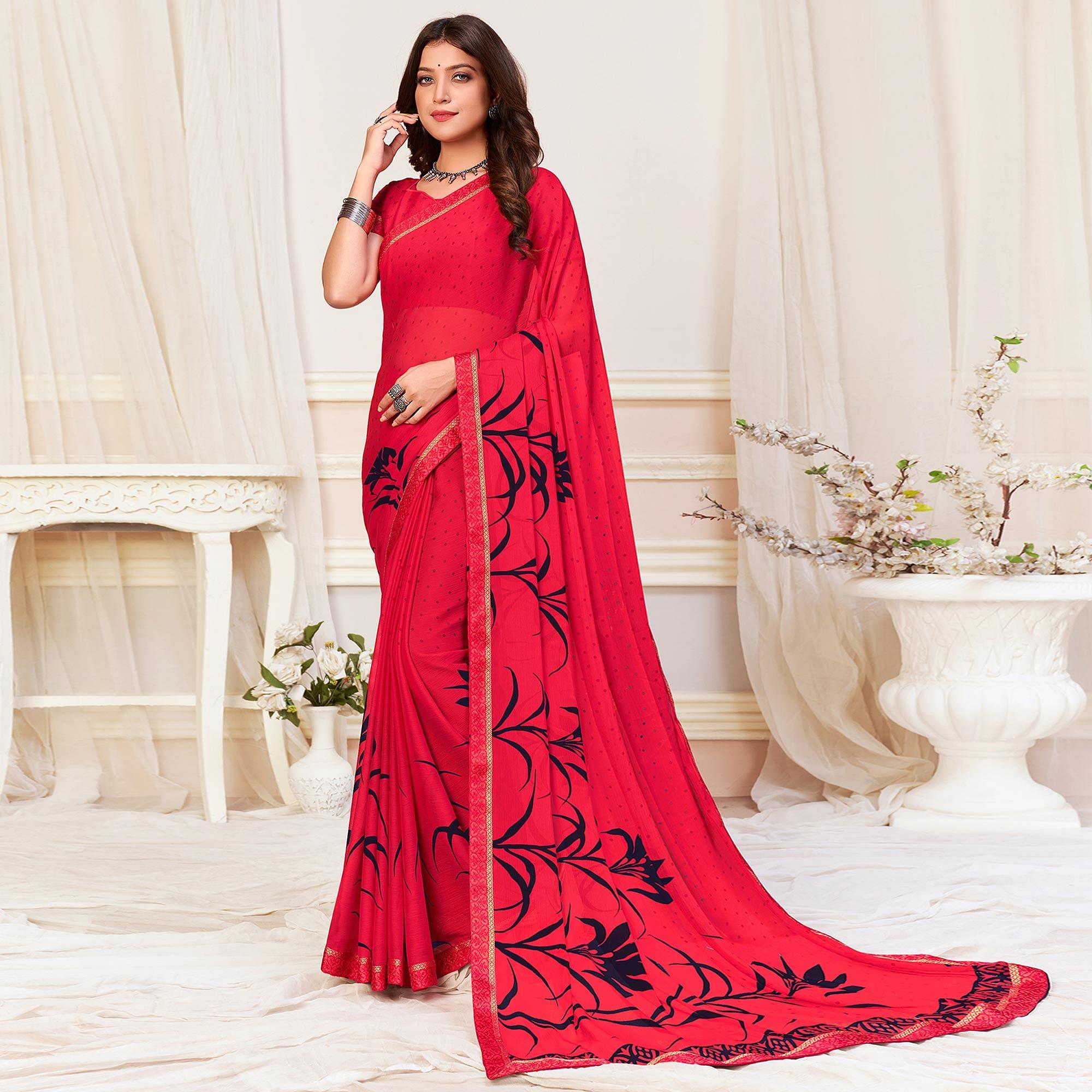 Pink Casual Wear Printed Chiffon Saree - Peachmode
