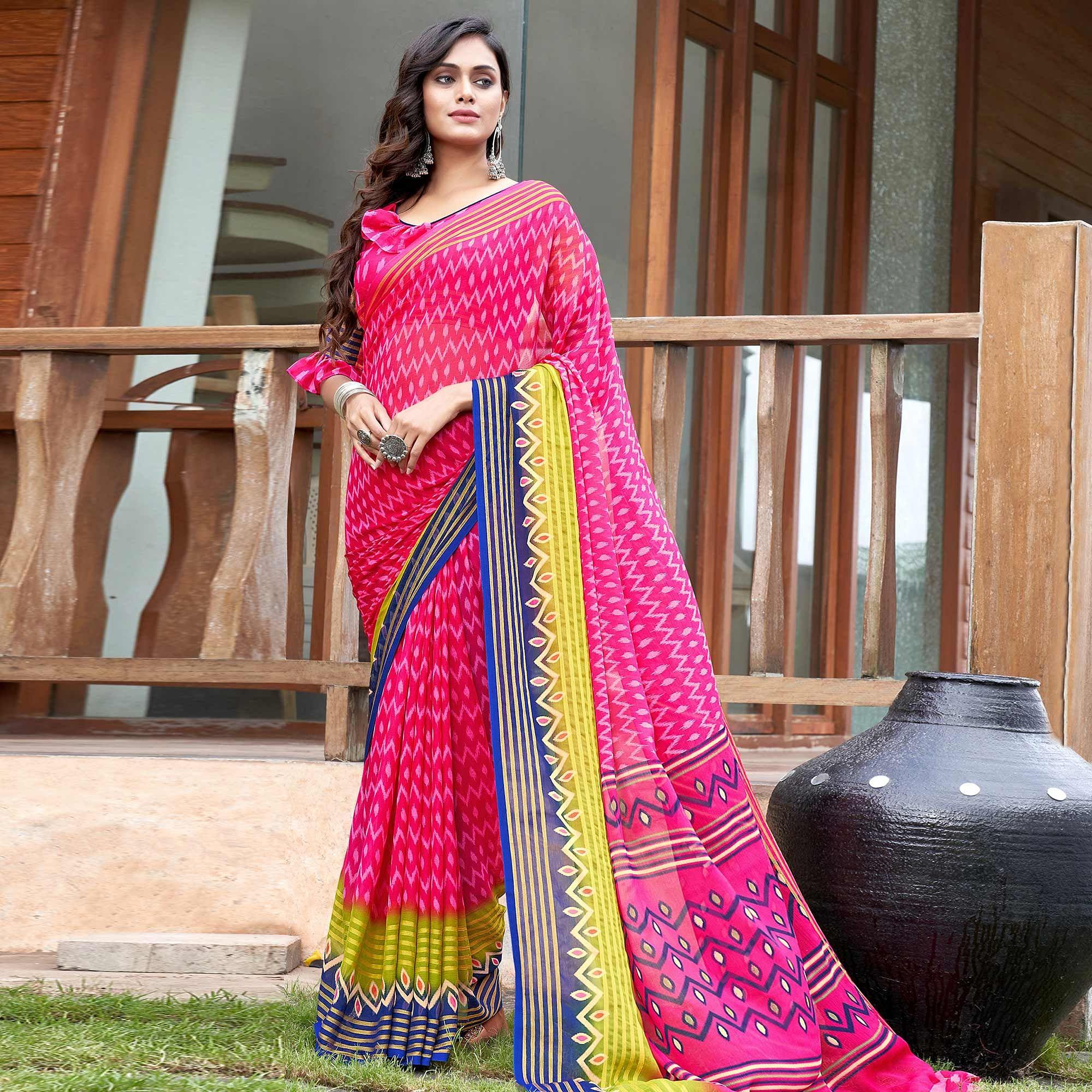 Pink Casual Wear Printed Chiffon Saree - Peachmode