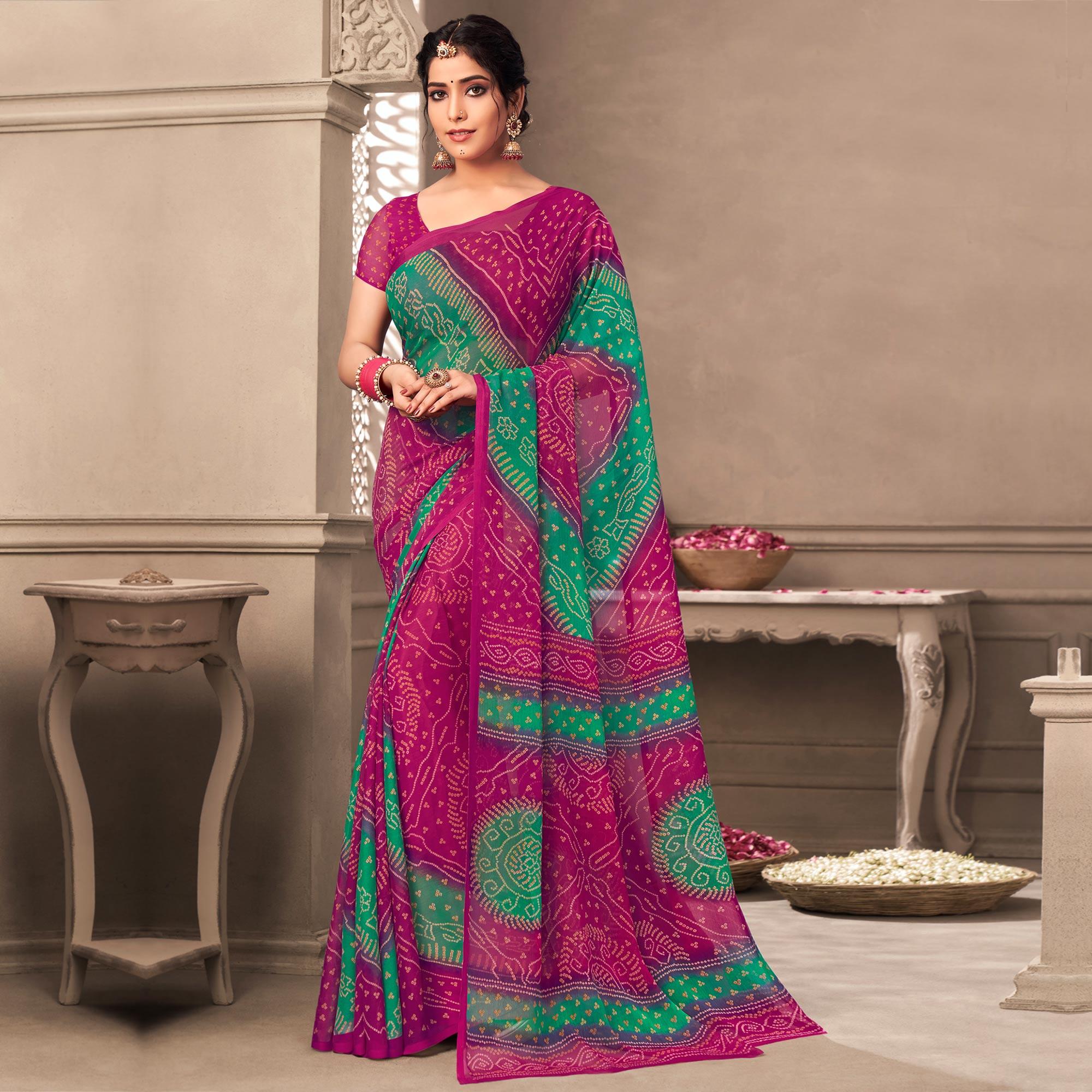Pink Casual Wear Printed Chiffon Saree - Peachmode