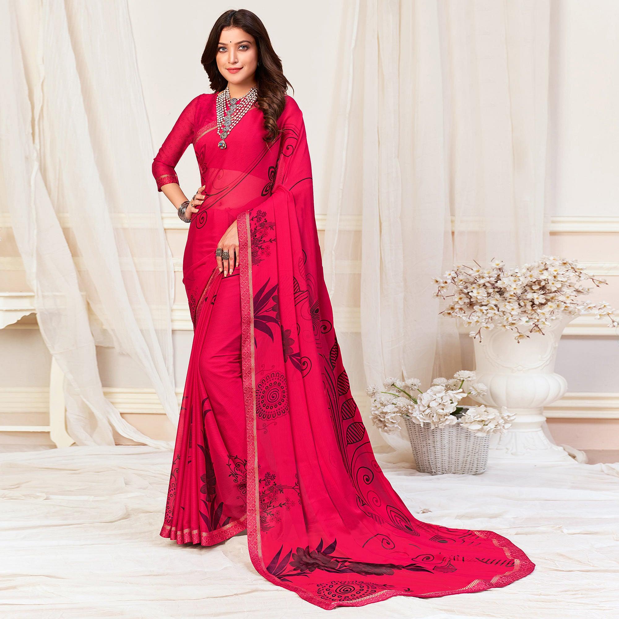 Pink Casual Wear Printed Chiffon Saree - Peachmode