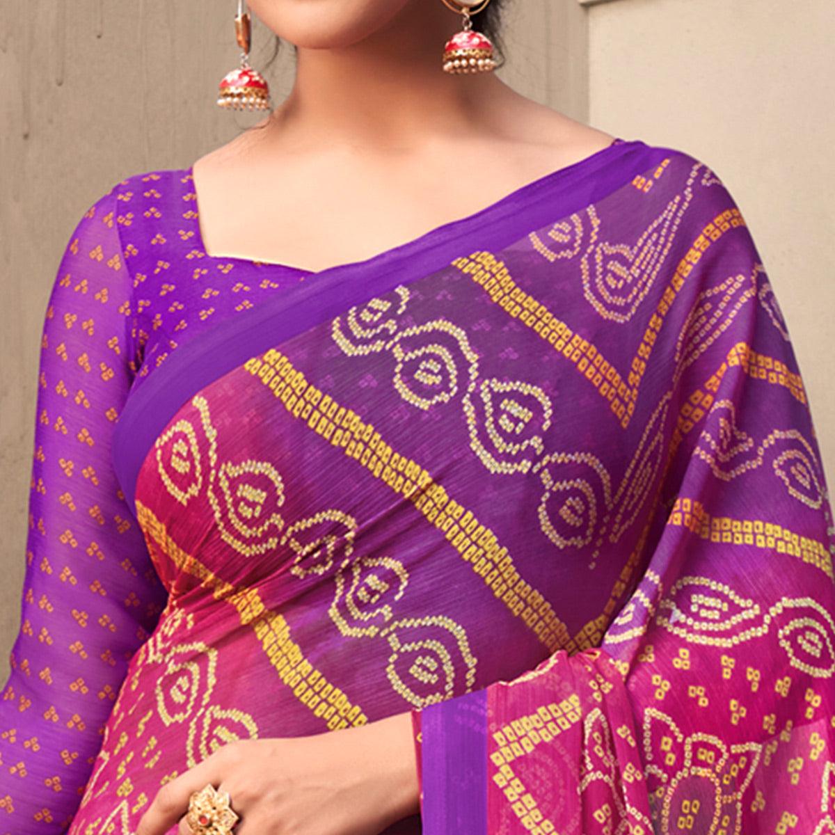 Pink Casual Wear Printed Chiffon Saree - Peachmode