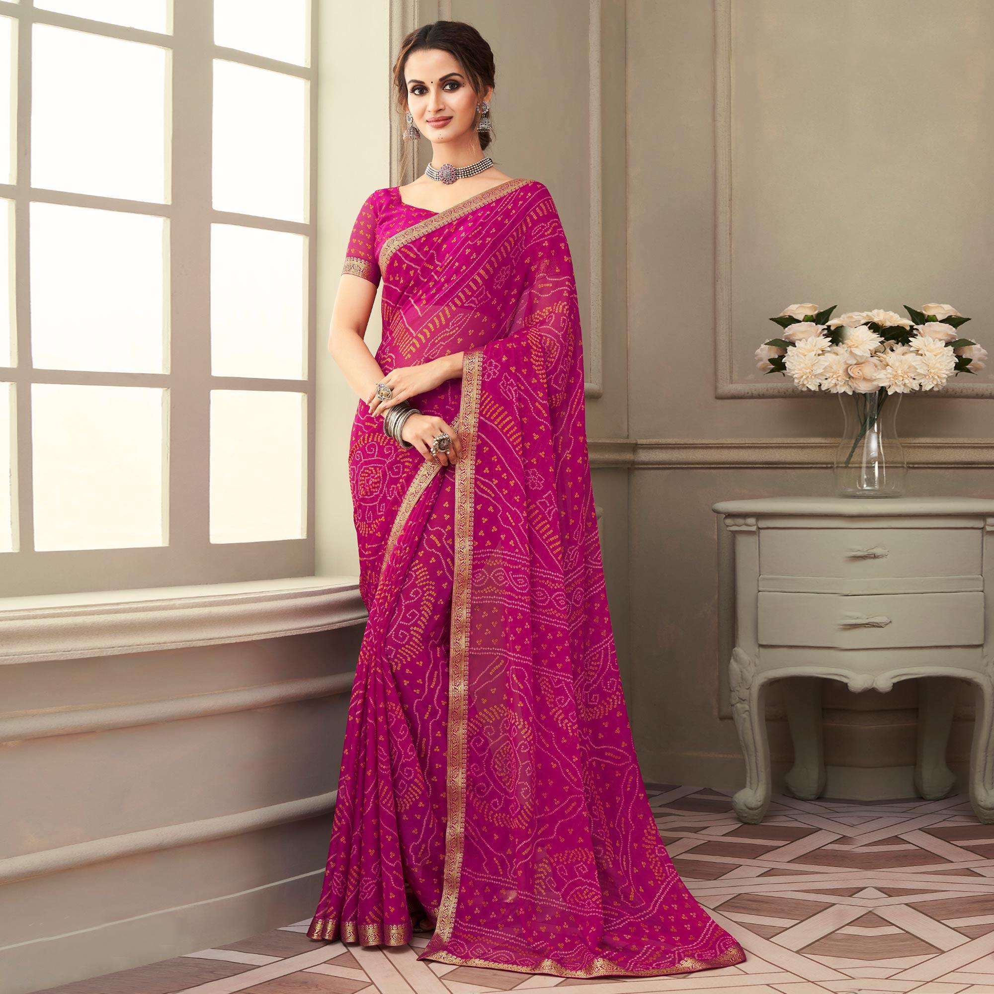 Pink Casual Wear Printed Chiffon Saree with Banarasi Border - Peachmode