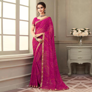 Pink Casual Wear Printed Chiffon Saree with Banarasi Border - Peachmode