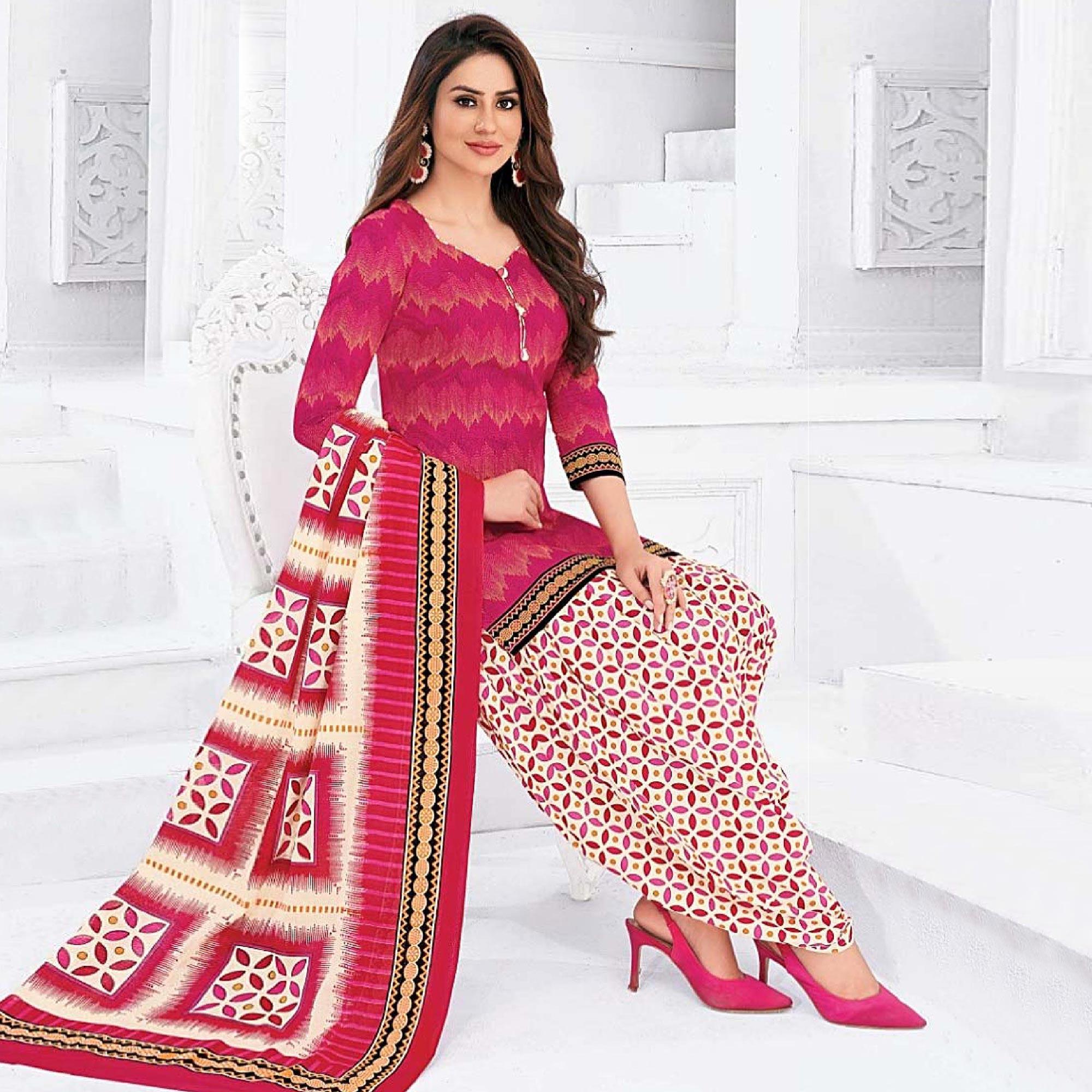 Pink Casual Wear Printed Cotton Dress Material - Peachmode