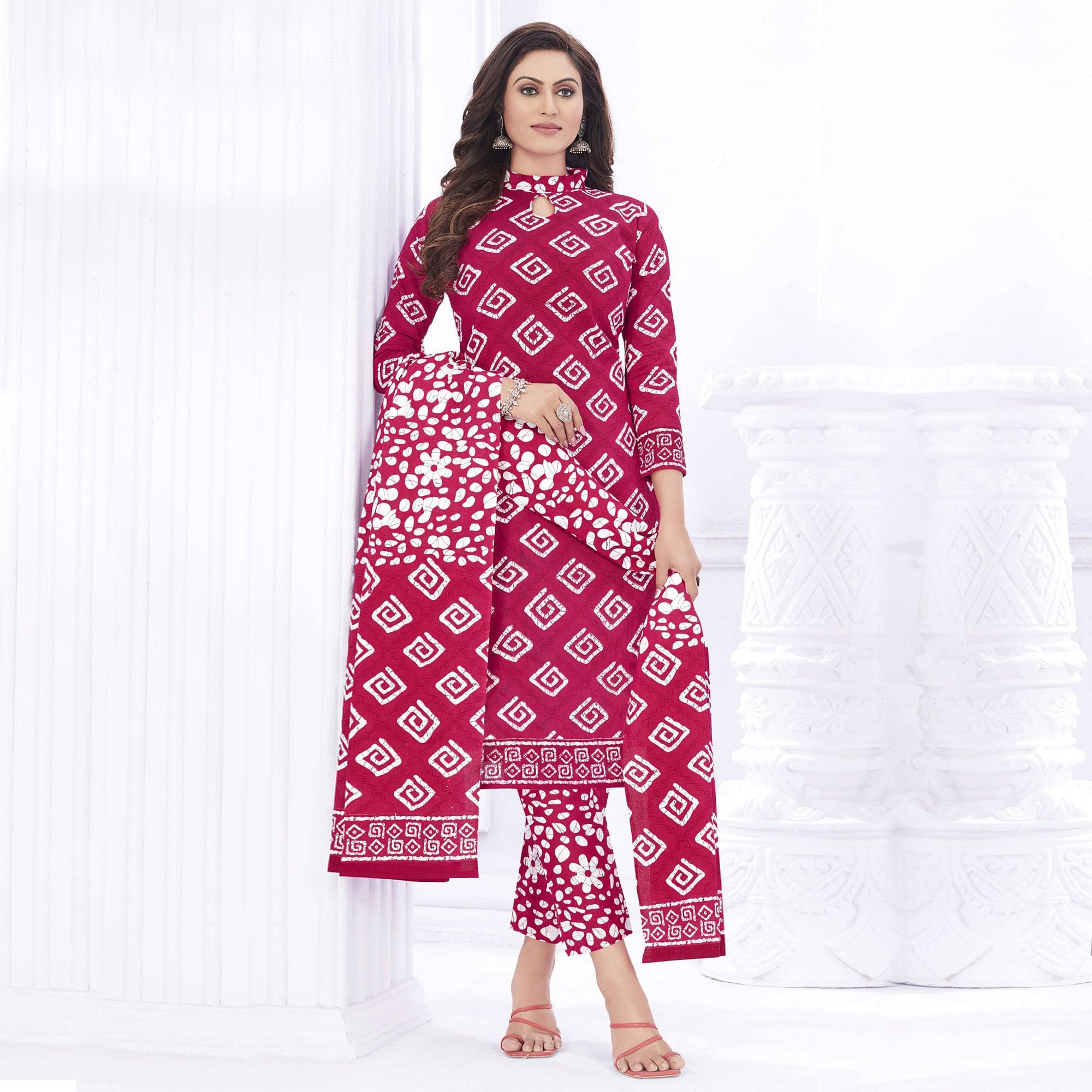 Pink Casual Wear Printed Cotton Dress Material - Peachmode