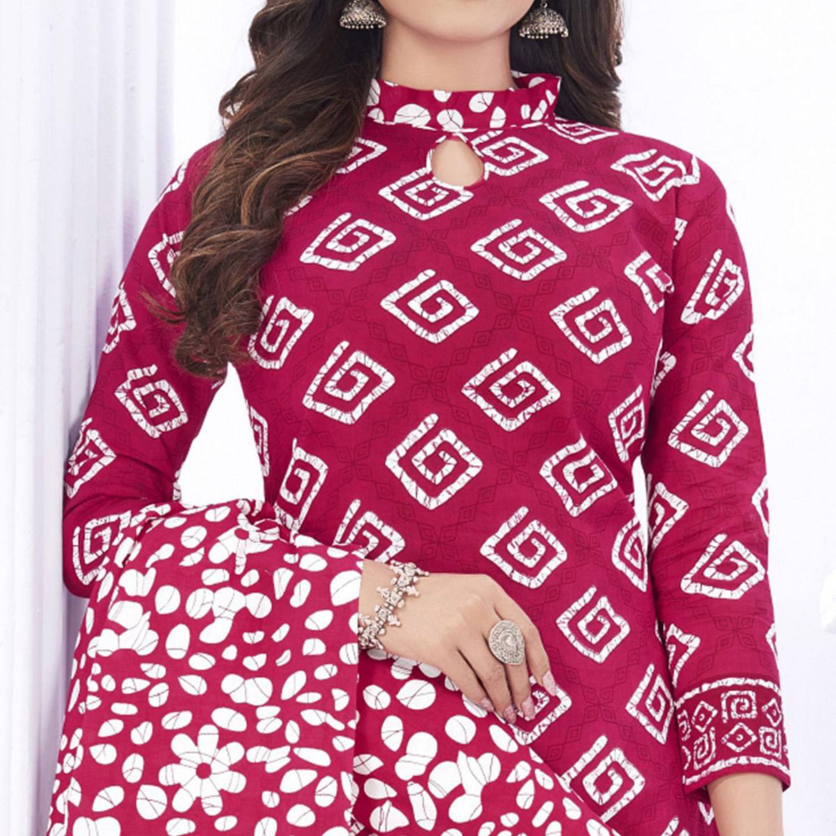 Pink Casual Wear Printed Cotton Dress Material - Peachmode