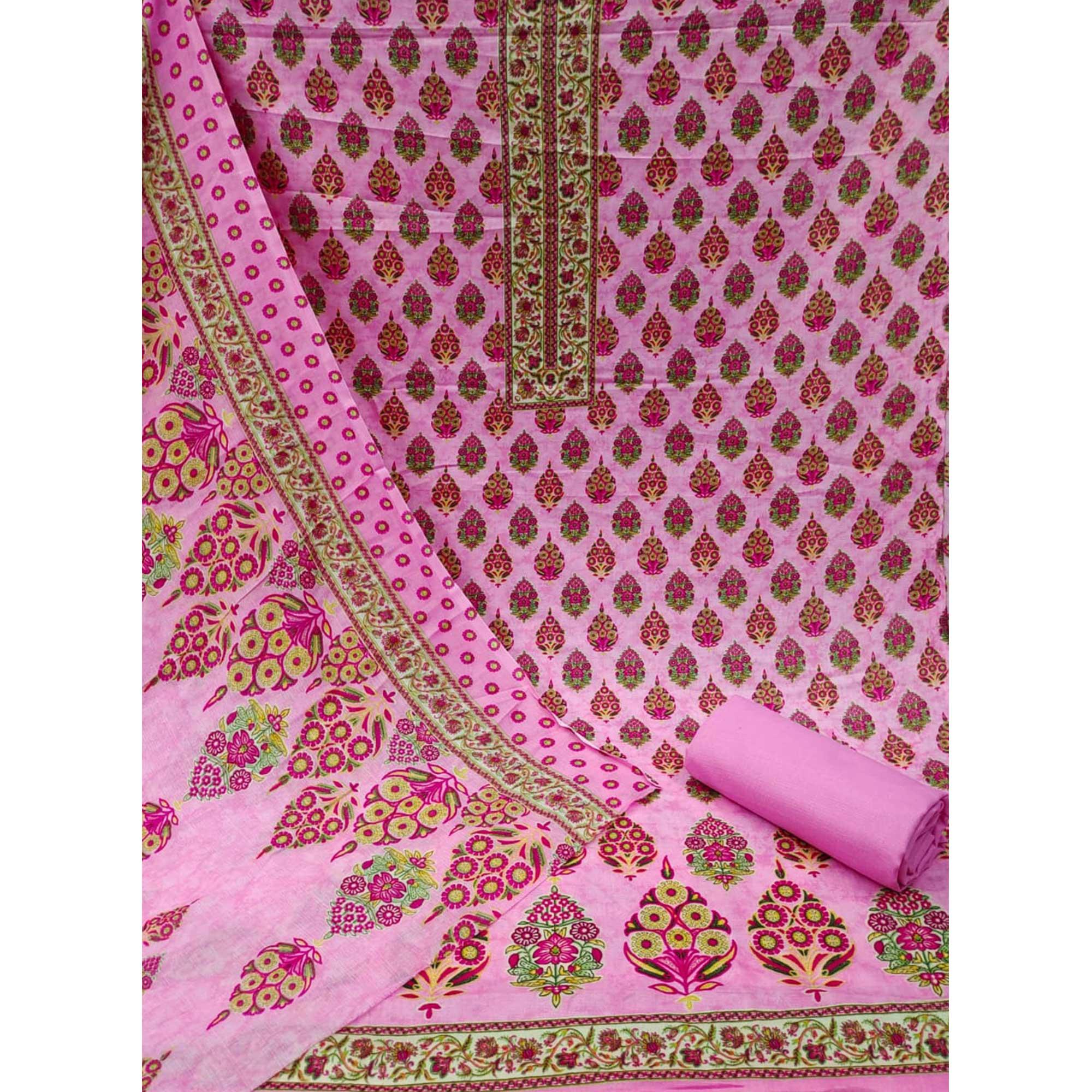 Pink Casual Wear Printed Cotton Dress Material - Peachmode
