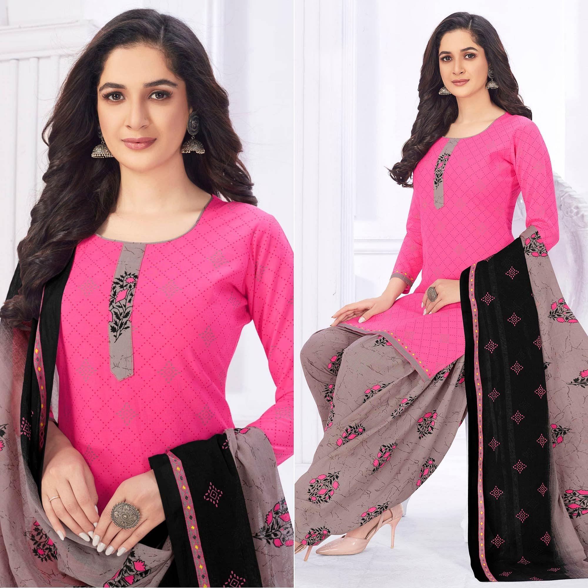 Pink Casual Wear Printed Cotton Dress Material - Peachmode