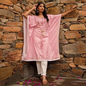 Pink Casual Wear Printed Cotton Kaftan Pant Set - Peachmode