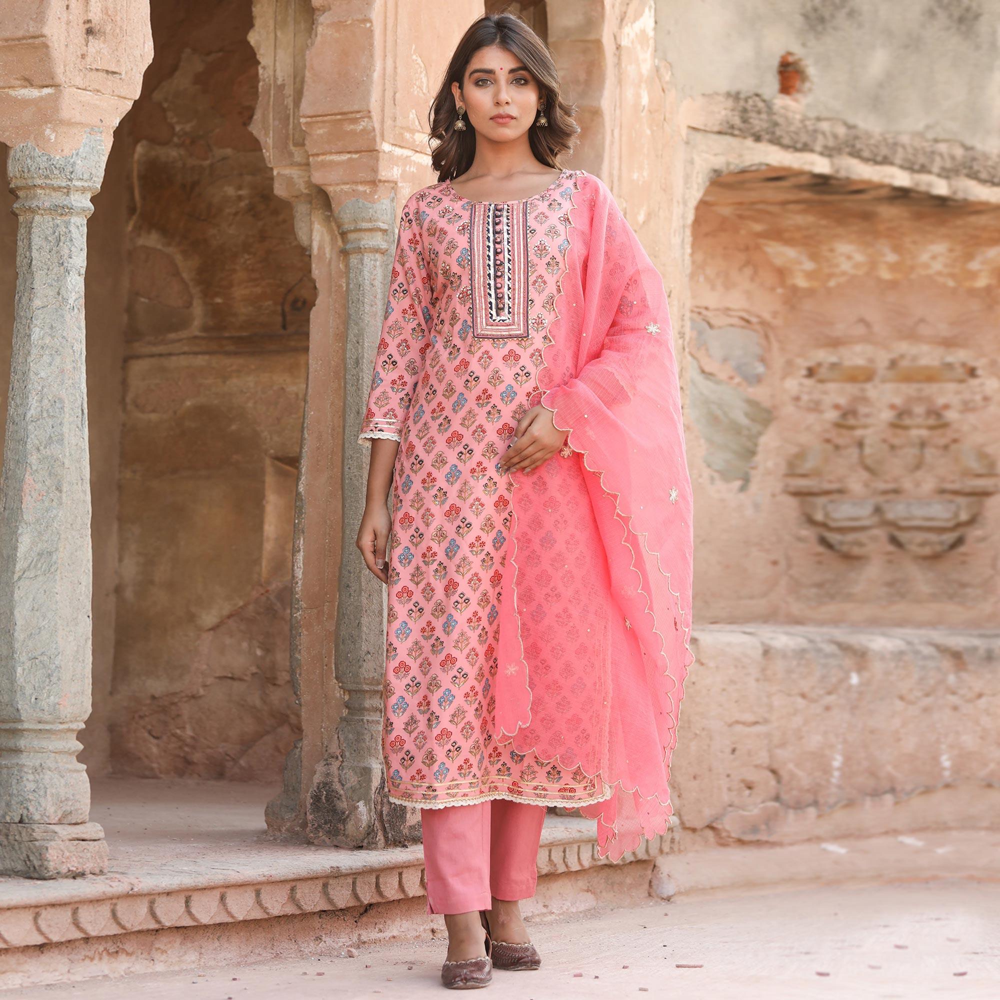 Pink Casual Wear Printed Cotton Kurti - Pant Set With Dupatta - Peachmode