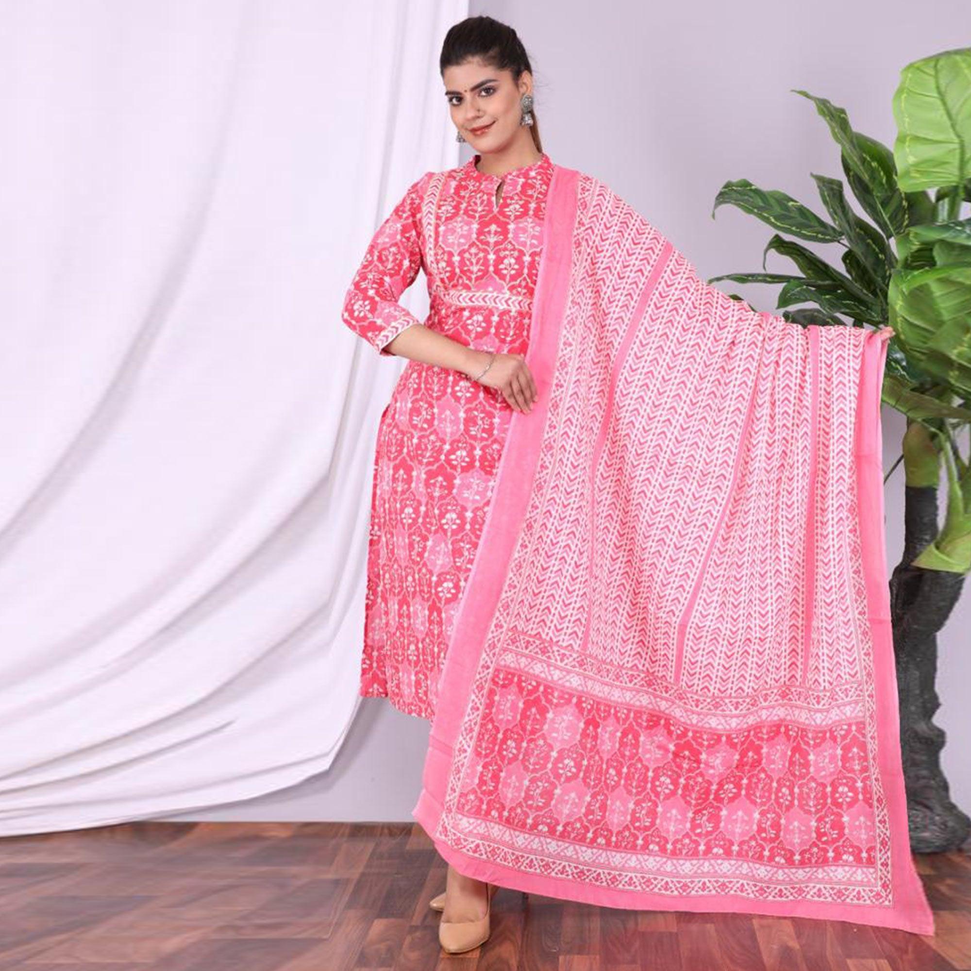 Pink Casual Wear Printed Cotton Kurti Pant Set With Dupatta - Peachmode