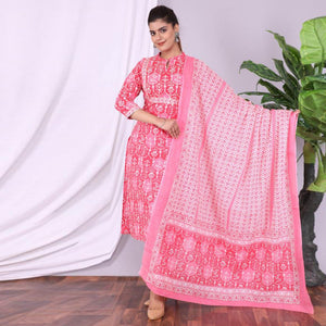 Pink Casual Wear Printed Cotton Kurti Pant Set With Dupatta - Peachmode