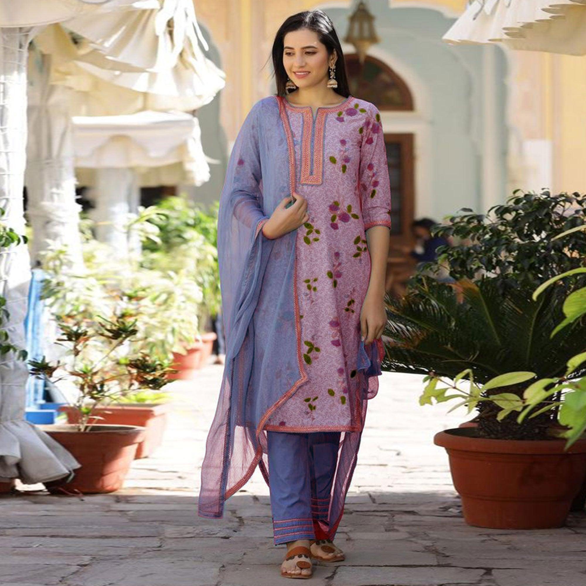 Pink Casual Wear Printed Cotton Kurti - Pant Set With Dupatta - Peachmode