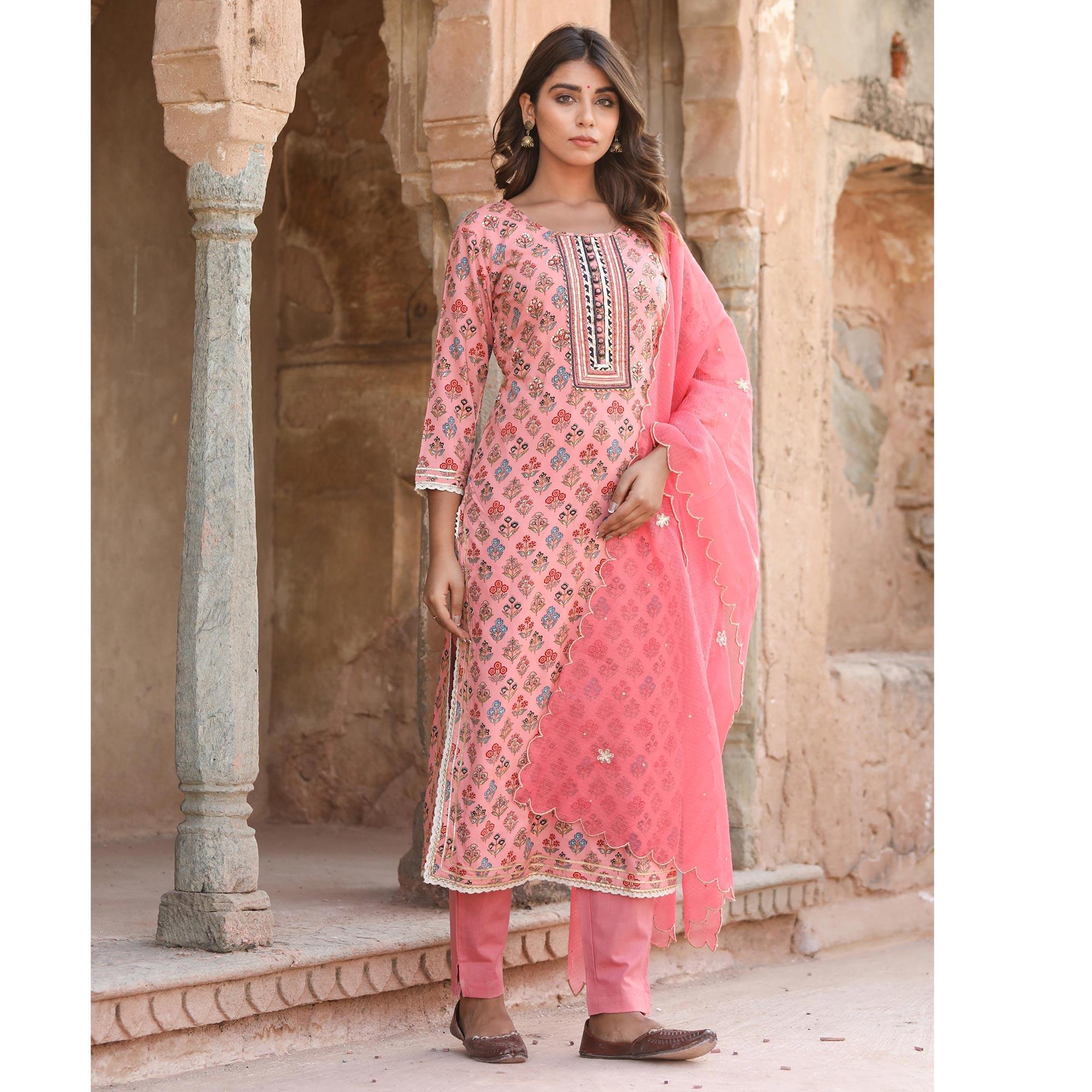 Pink Casual Wear Printed Cotton Kurti - Pant Set With Dupatta - Peachmode