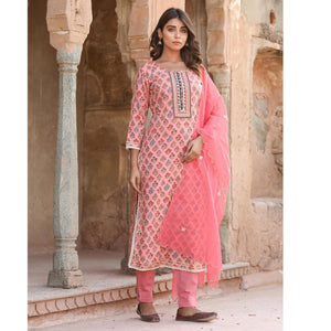 Pink Casual Wear Printed Cotton Kurti - Pant Set With Dupatta - Peachmode