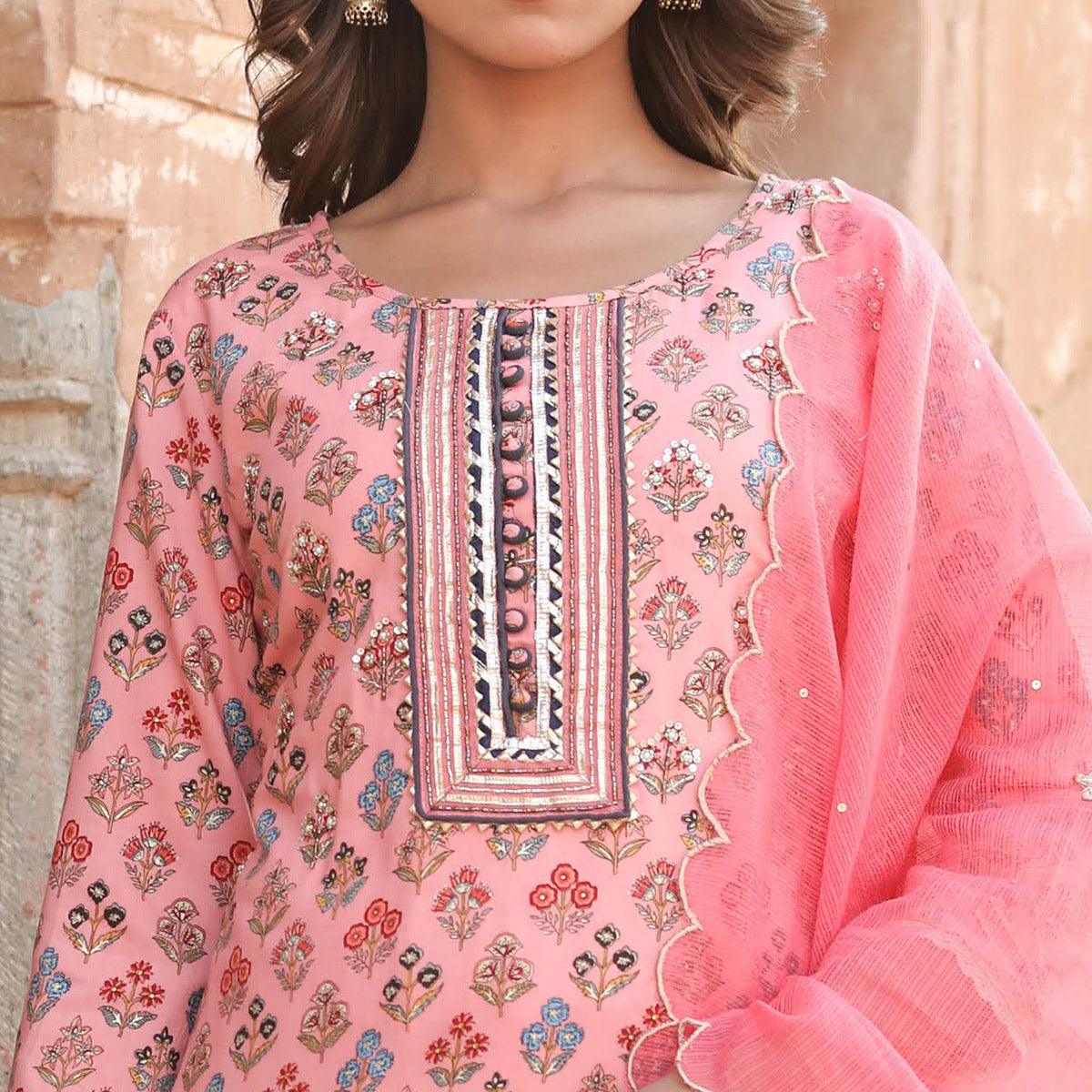 Pink Casual Wear Printed Cotton Kurti - Pant Set With Dupatta - Peachmode