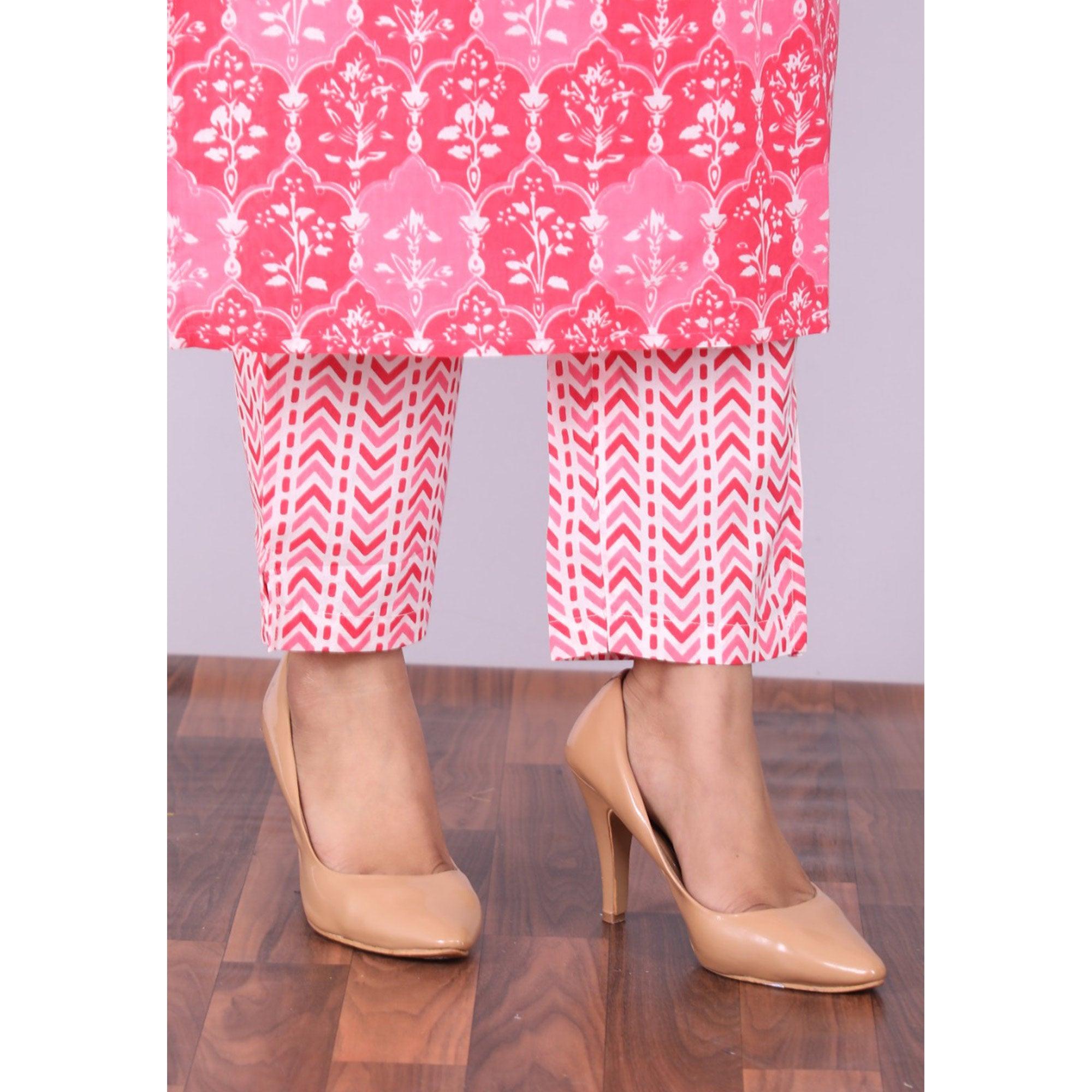Pink Casual Wear Printed Cotton Kurti Pant Set With Dupatta - Peachmode