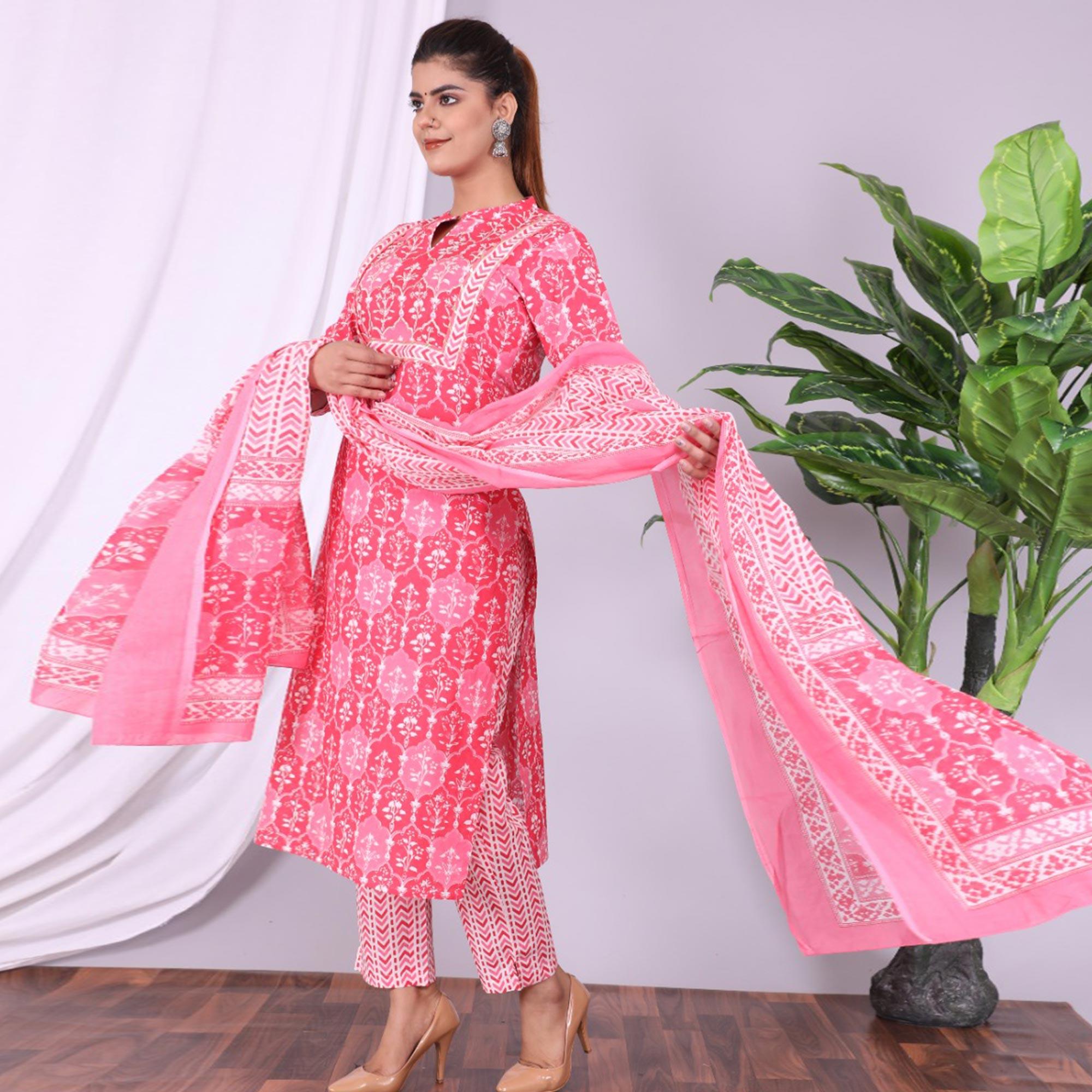Pink Casual Wear Printed Cotton Kurti Pant Set With Dupatta - Peachmode