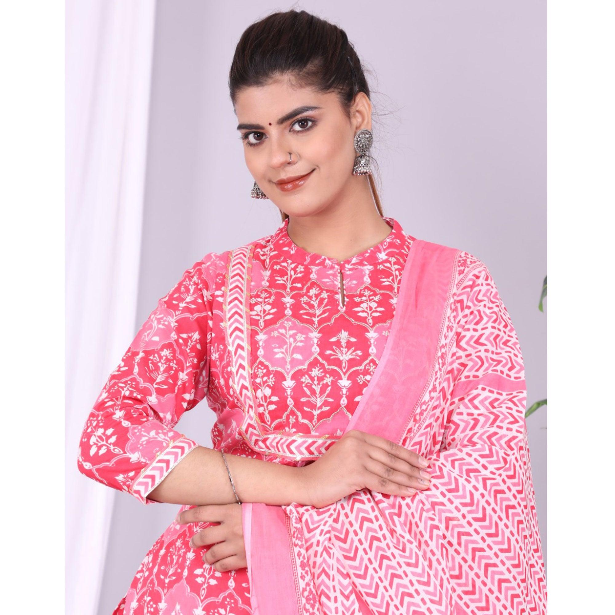 Pink Casual Wear Printed Cotton Kurti Pant Set With Dupatta - Peachmode