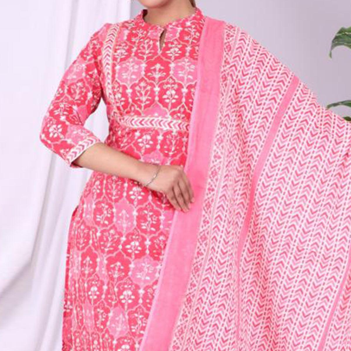 Pink Casual Wear Printed Cotton Kurti Pant Set With Dupatta - Peachmode