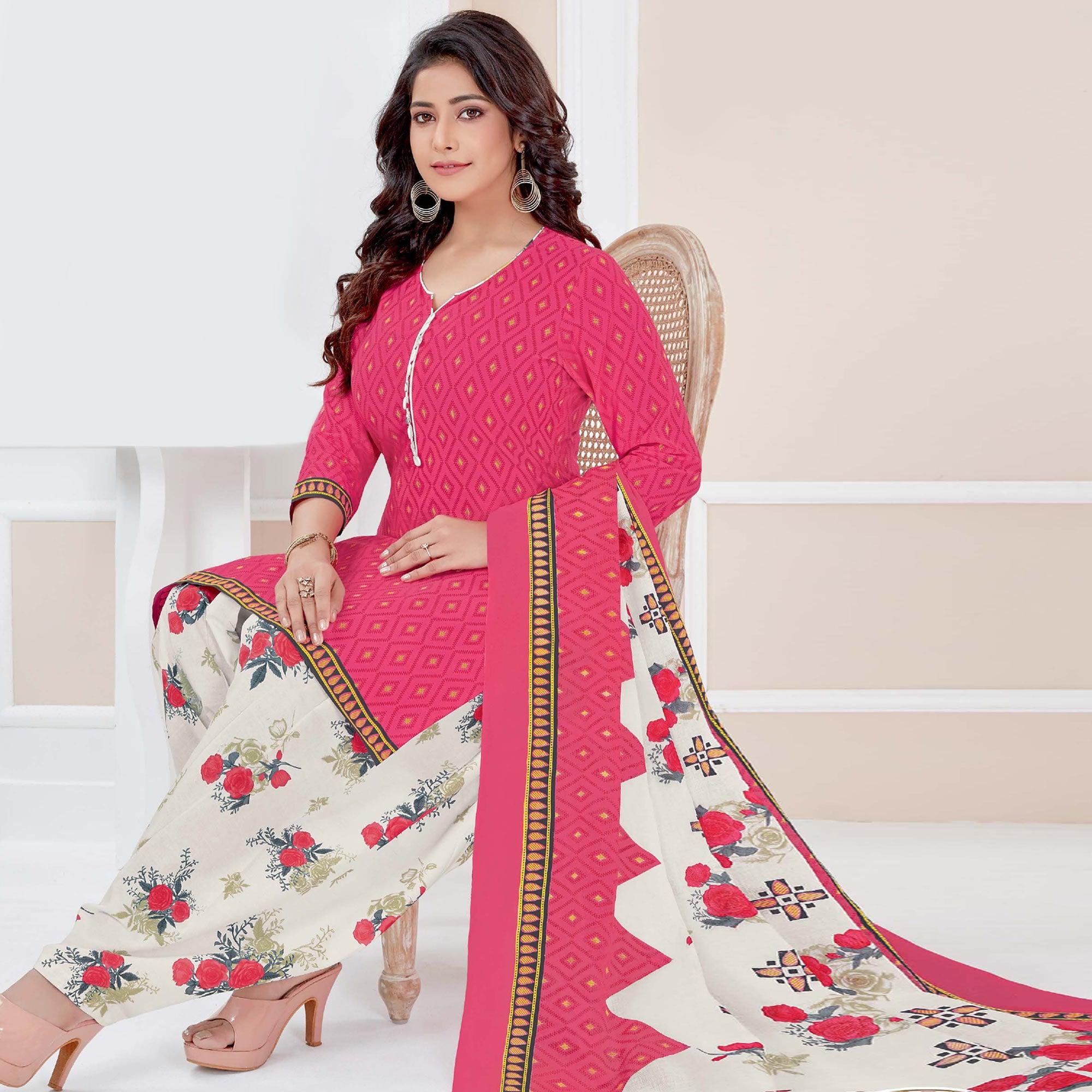 Pink Casual Wear Printed Cotton Patiala Dress Material - Peachmode