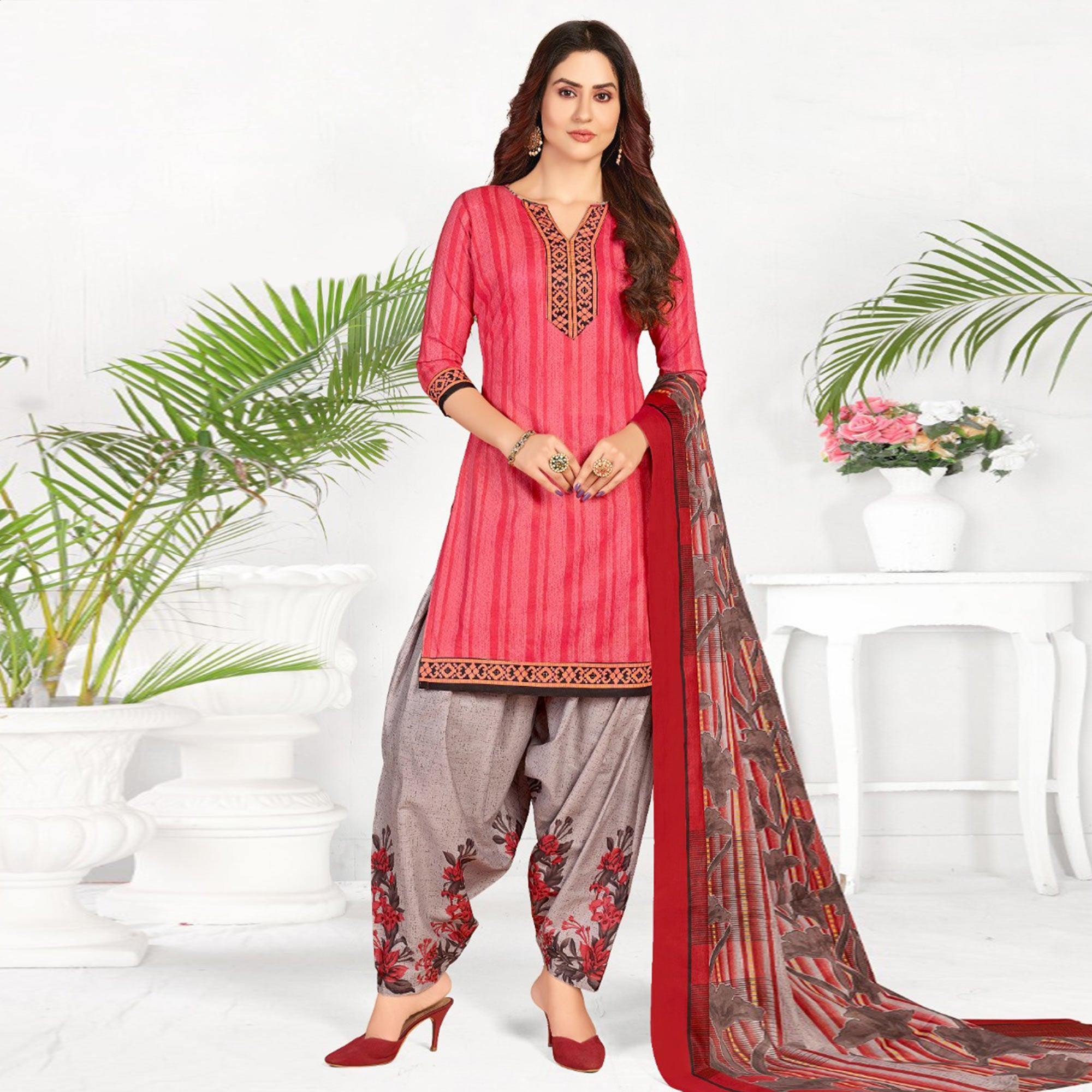 Pink Casual Wear Printed Cotton Patiala Dress Material - Peachmode