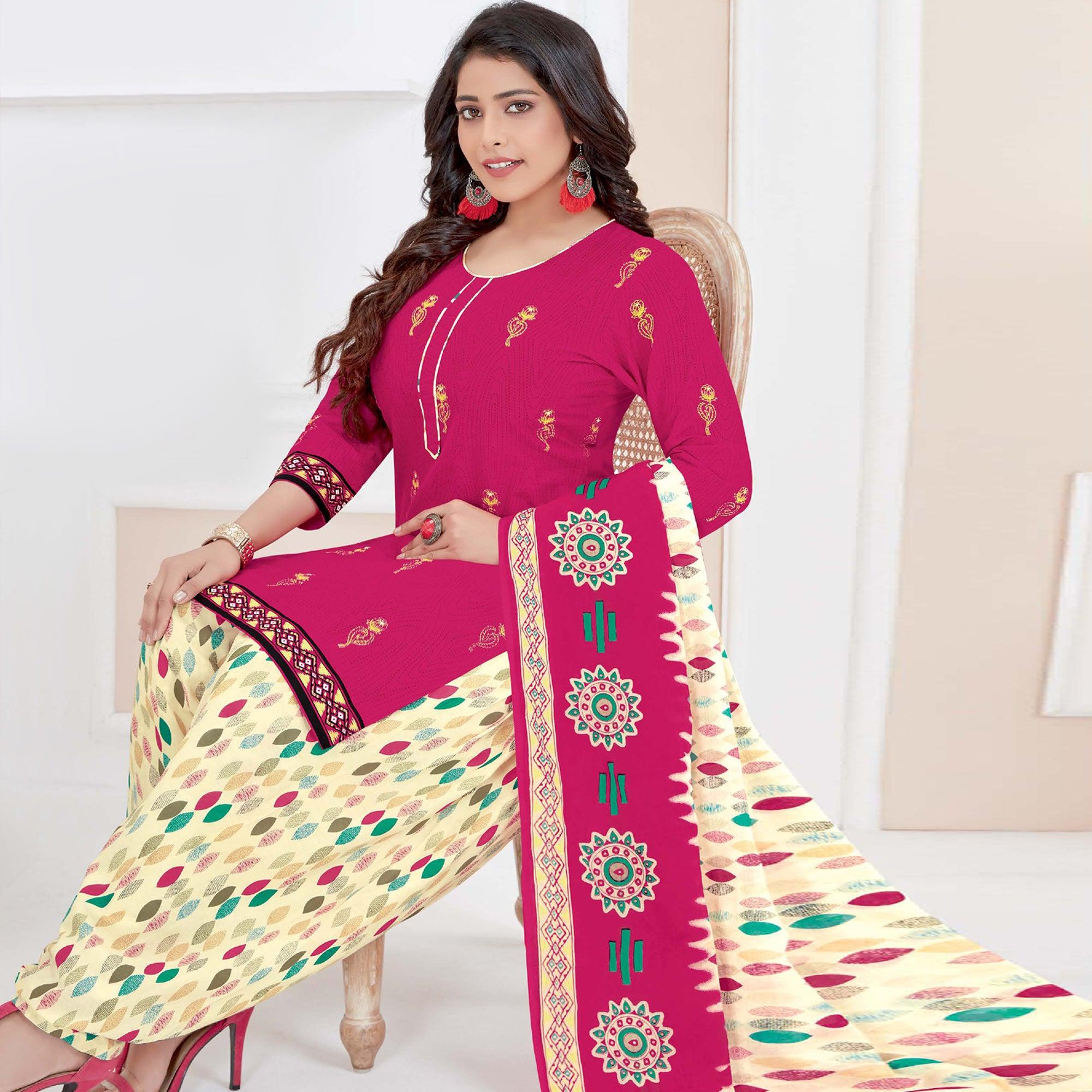 Pink Casual Wear Printed Cotton Patiala Dress Material - Peachmode
