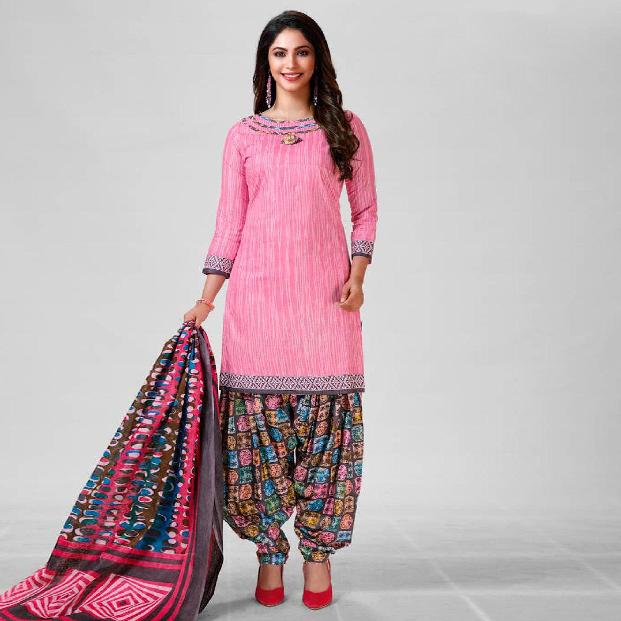 Pink Casual Wear Printed Cotton Patiala Dress Material - Peachmode