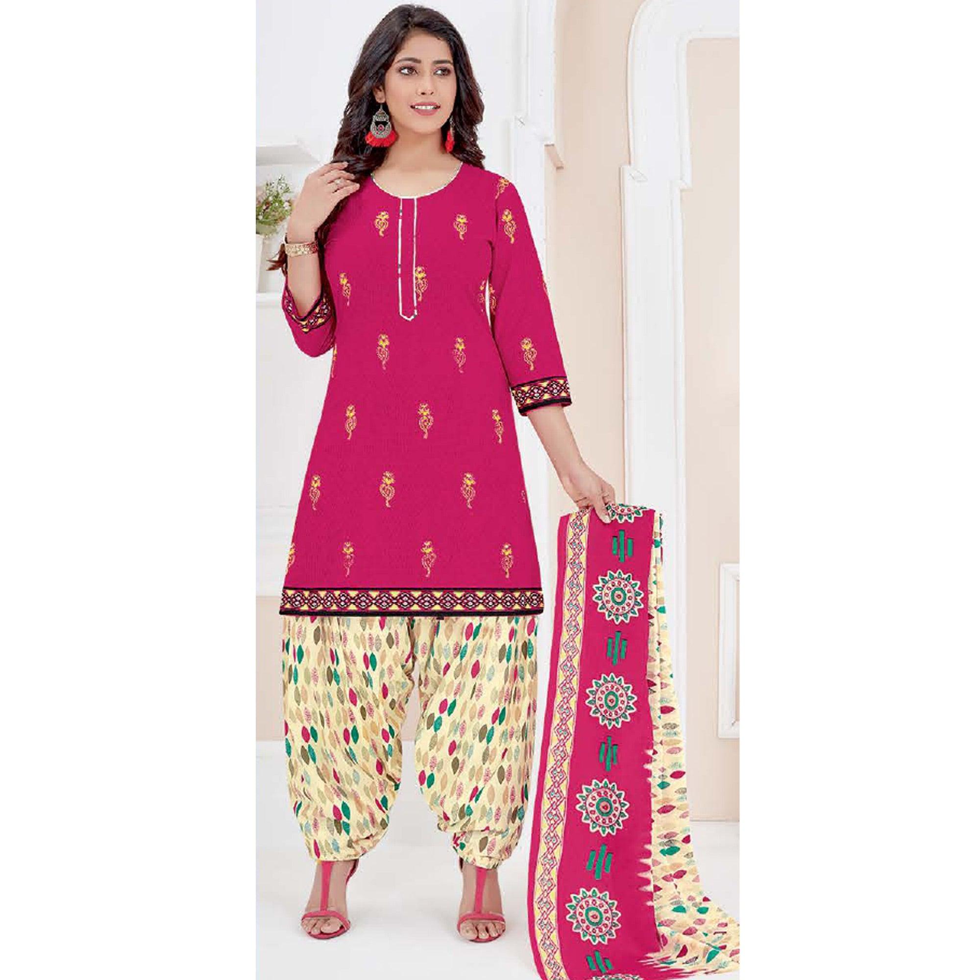 Pink Casual Wear Printed Cotton Patiala Dress Material - Peachmode