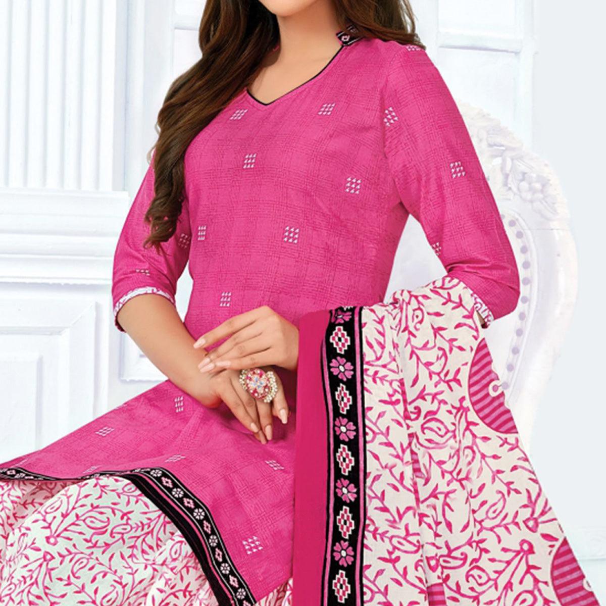 Pink Casual Wear Printed Cotton Patiala Dress Material - Peachmode