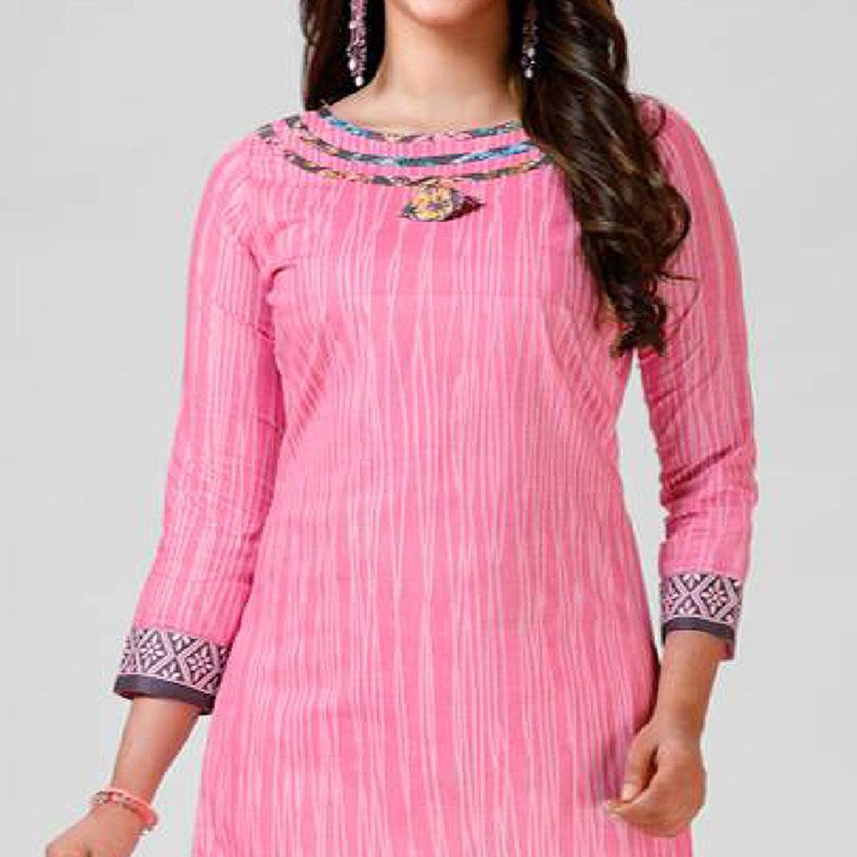 Pink Casual Wear Printed Cotton Patiala Dress Material - Peachmode