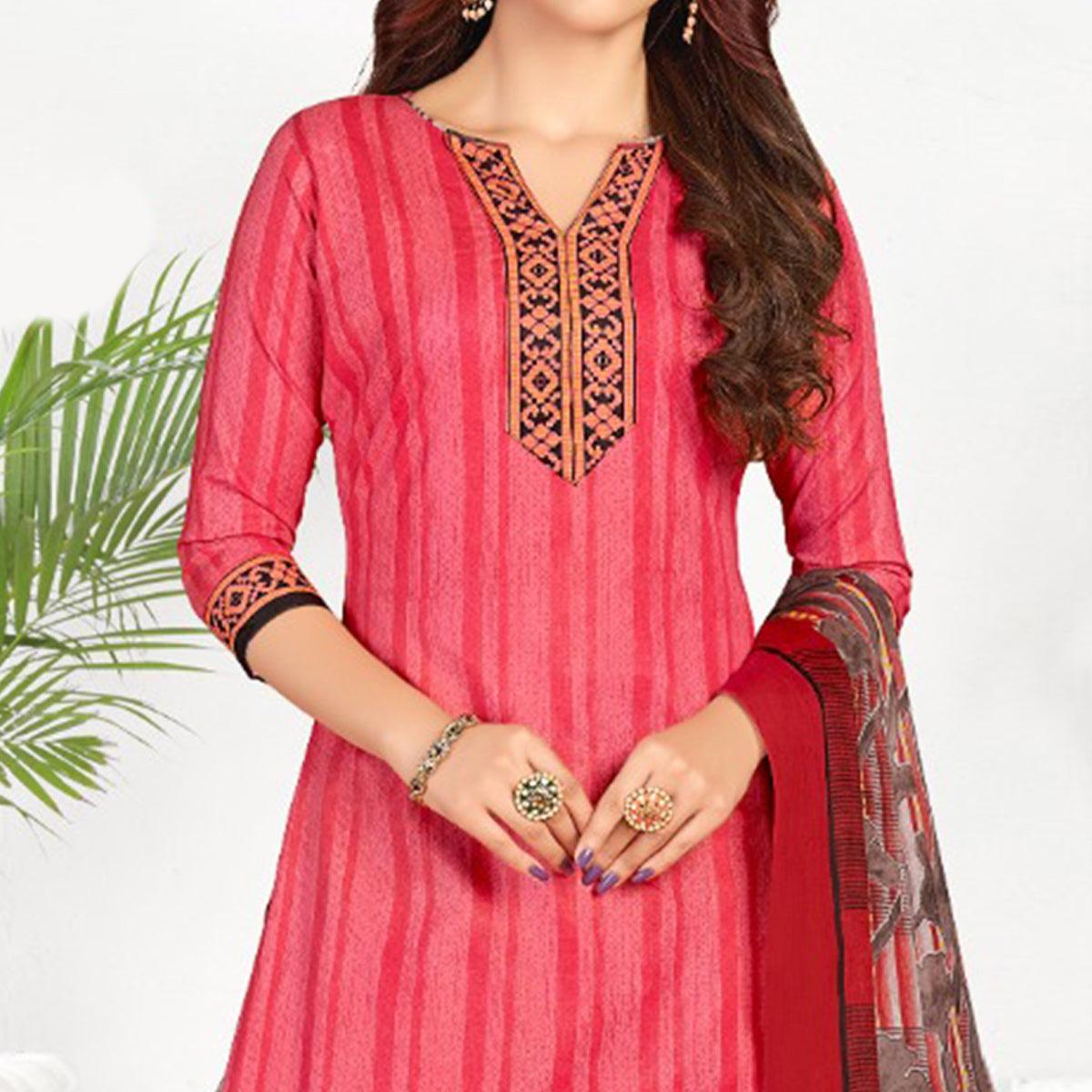 Pink Casual Wear Printed Cotton Patiala Dress Material - Peachmode