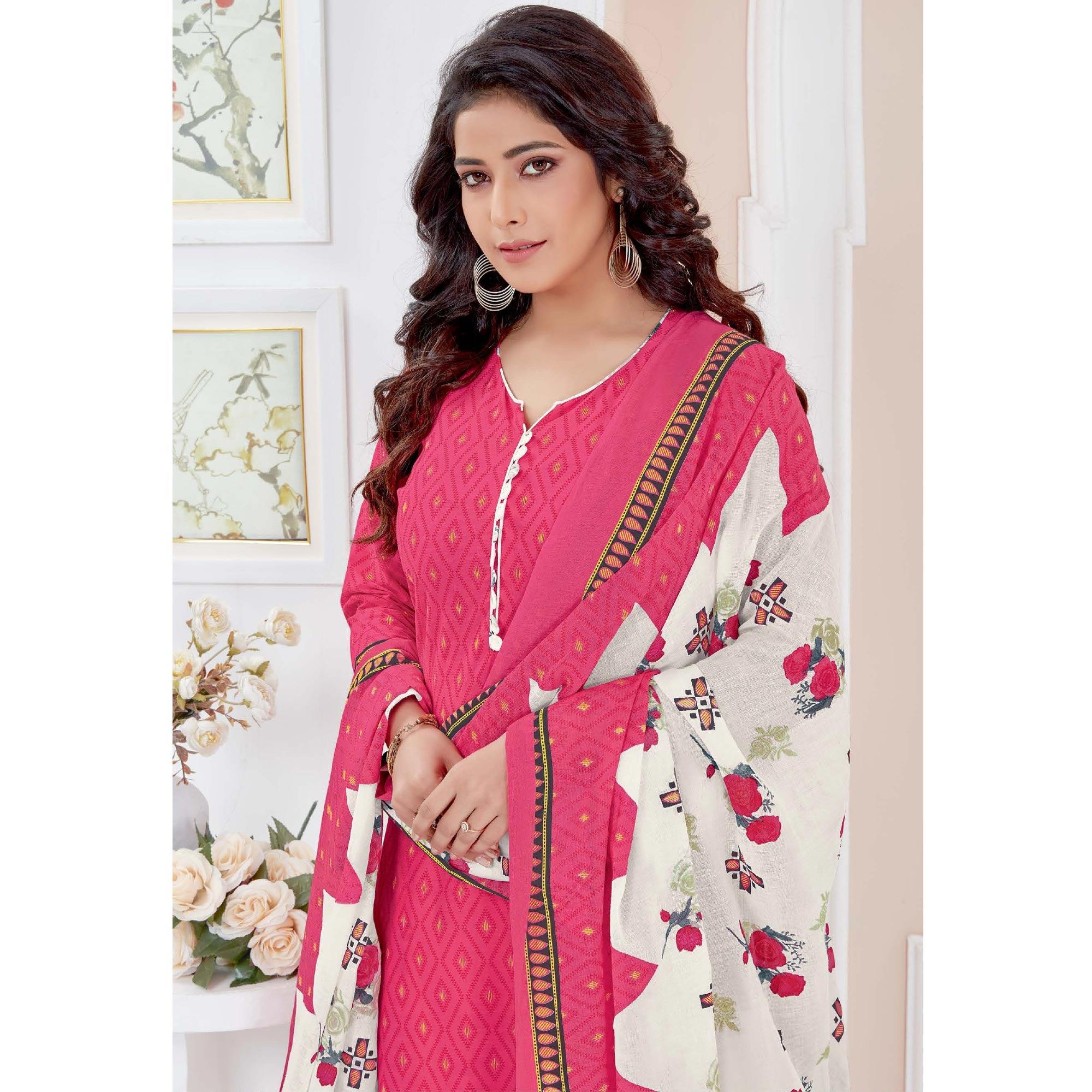 Pink Casual Wear Printed Cotton Patiala Dress Material - Peachmode