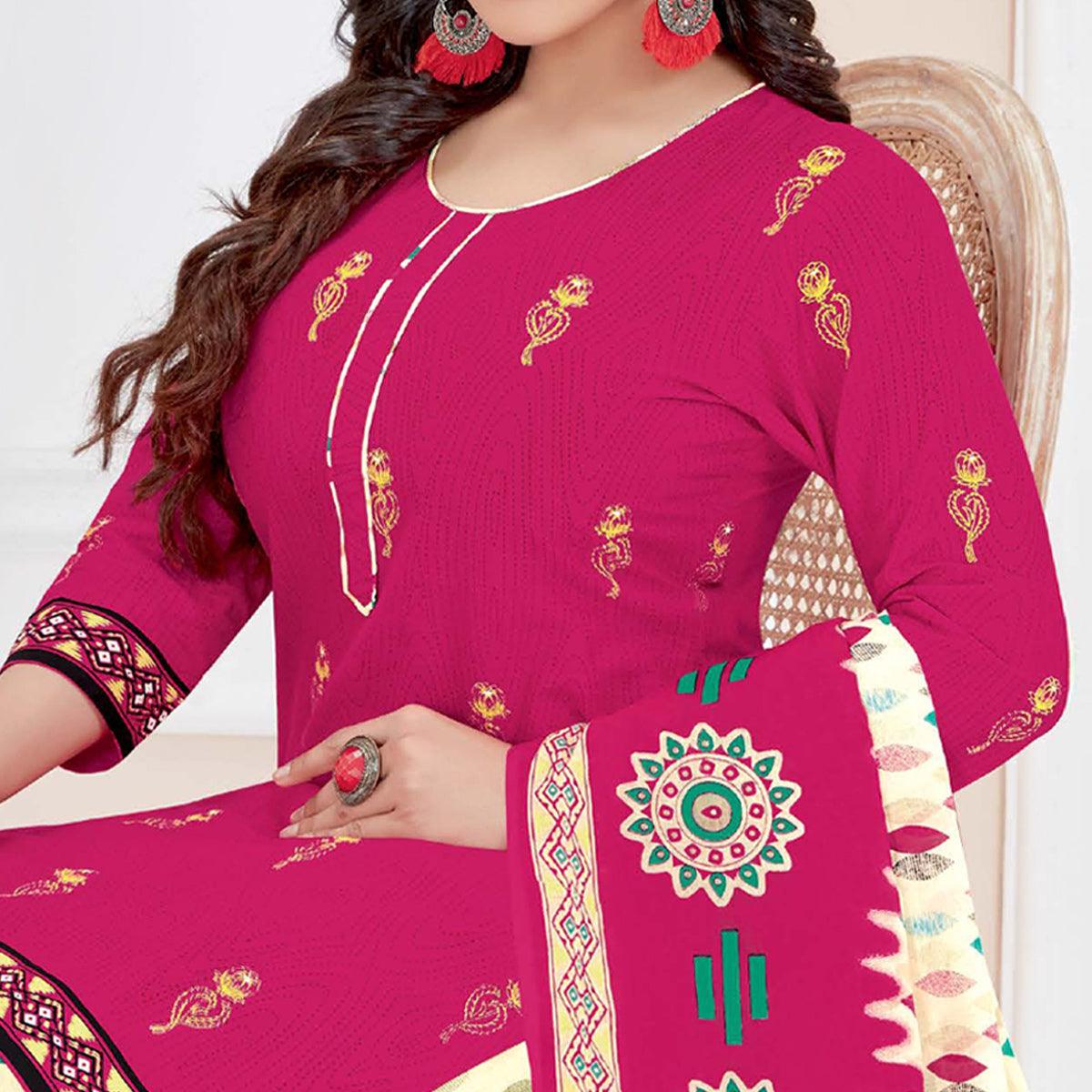 Pink Casual Wear Printed Cotton Patiala Dress Material - Peachmode