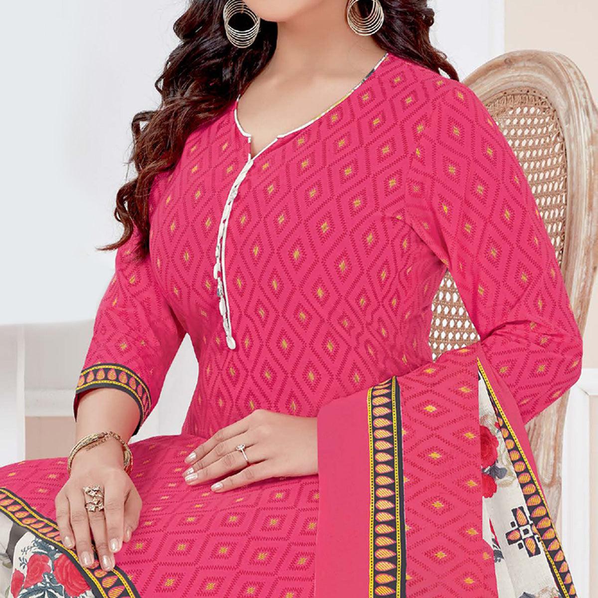 Pink Casual Wear Printed Cotton Patiala Dress Material - Peachmode