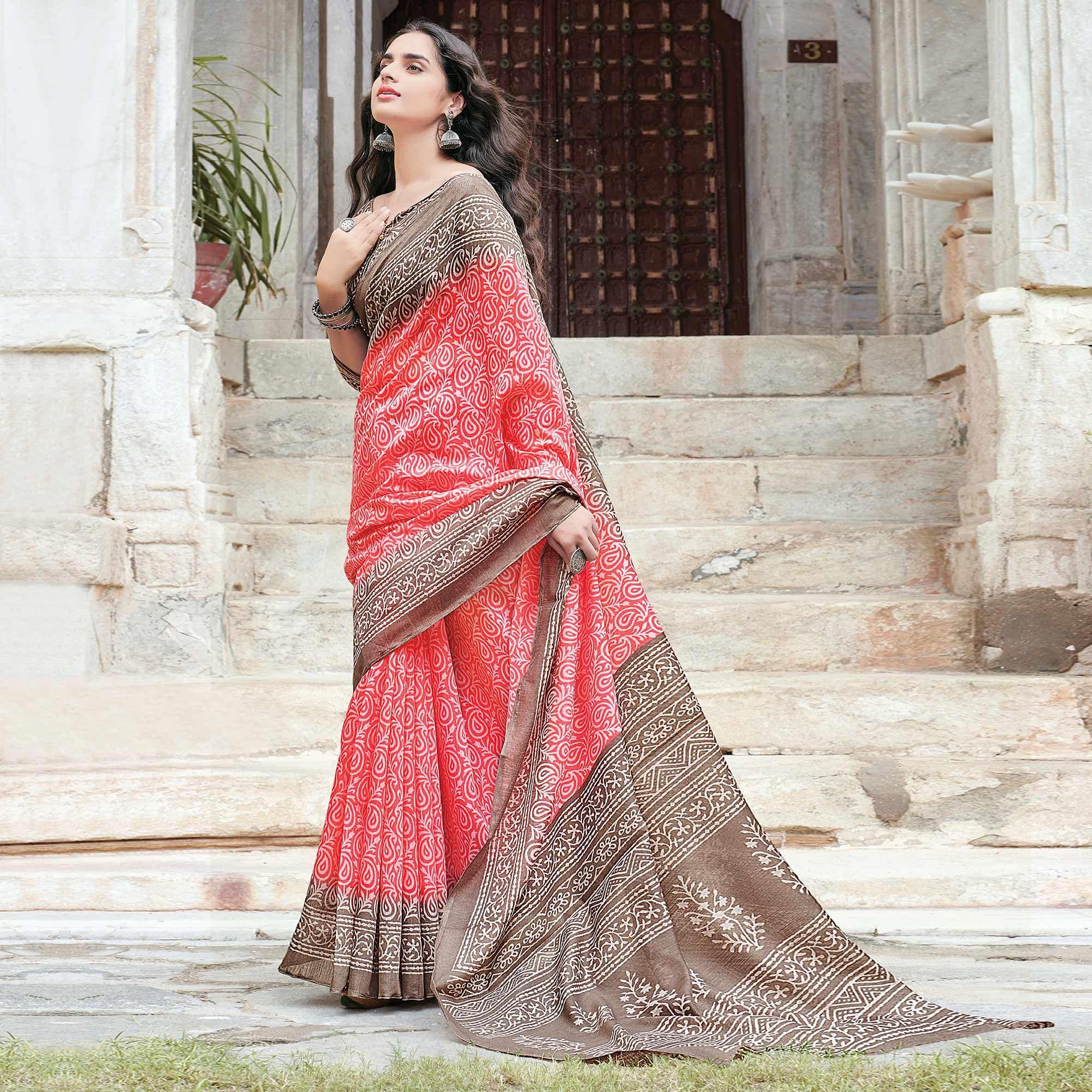 Pink Casual Wear Printed Cotton Saree - Peachmode