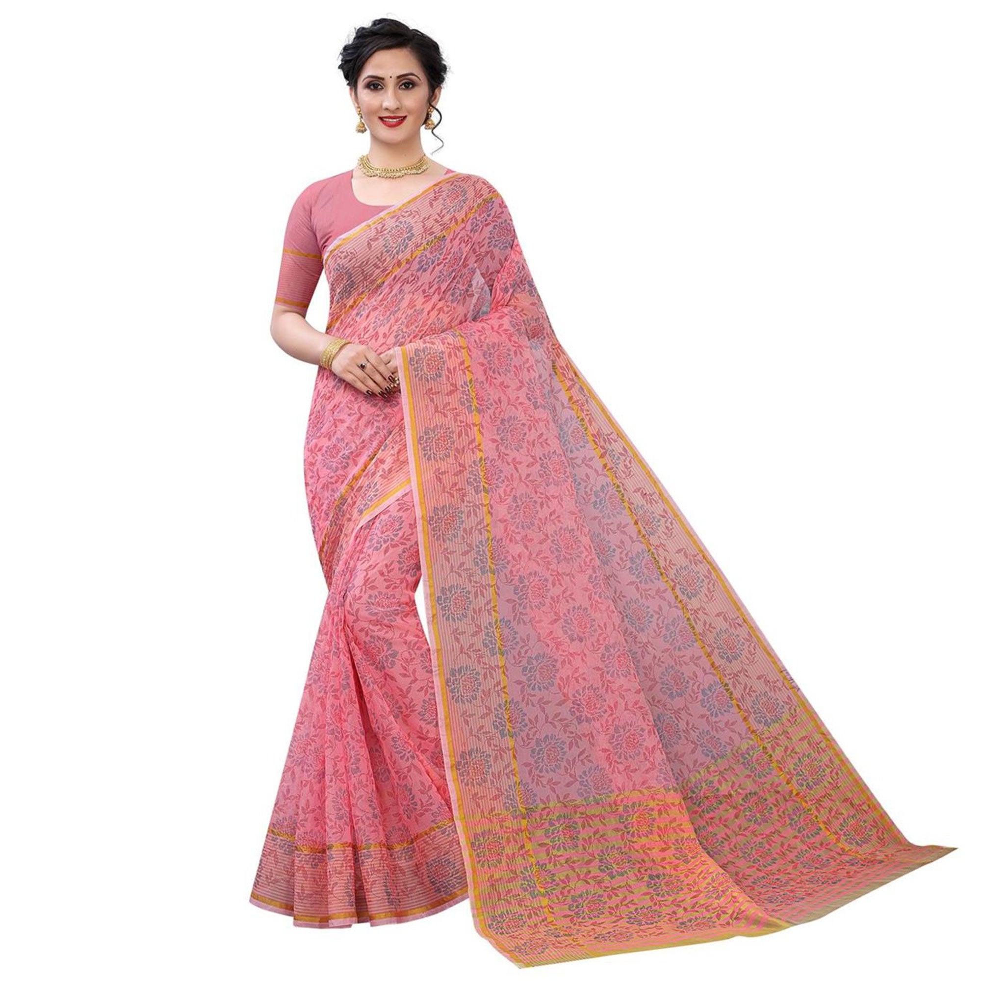 Pink Casual Wear Printed Cotton Saree - Peachmode