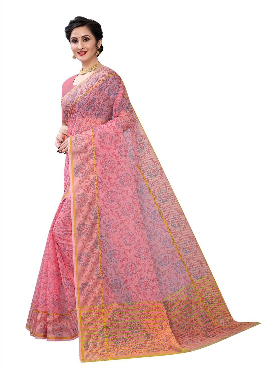 Pink Casual Wear Printed Cotton Saree - Peachmode