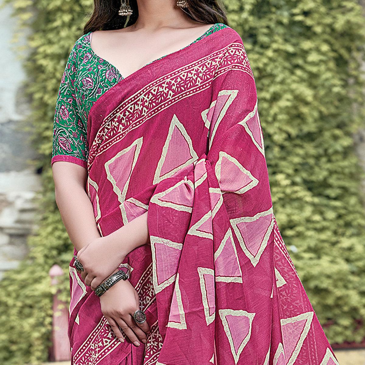 Pink Casual Wear Printed Cotton Saree - Peachmode
