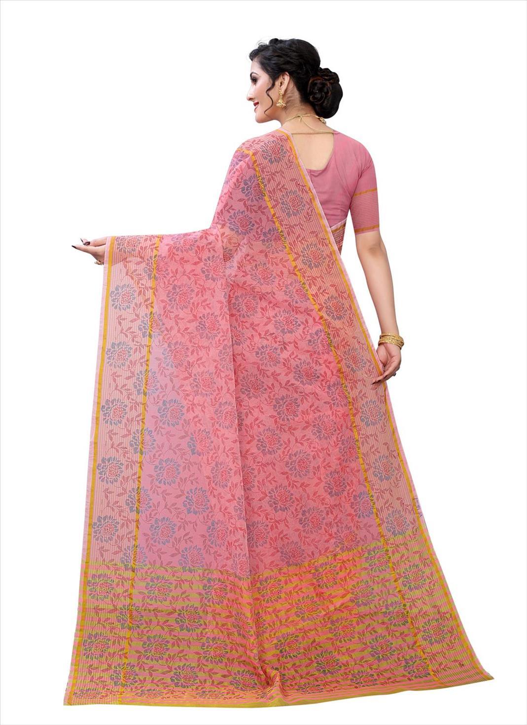 Pink Casual Wear Printed Cotton Saree - Peachmode