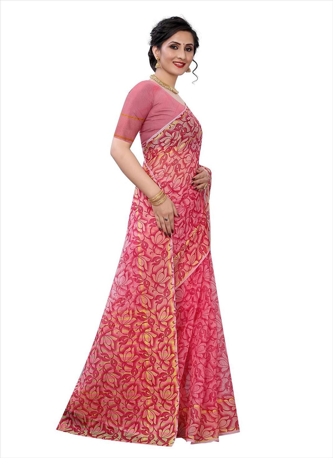 Pink Casual Wear Printed Cotton Saree - Peachmode
