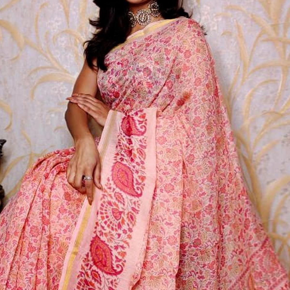 Pink Casual Wear Printed Cotton Silk Saree - Peachmode