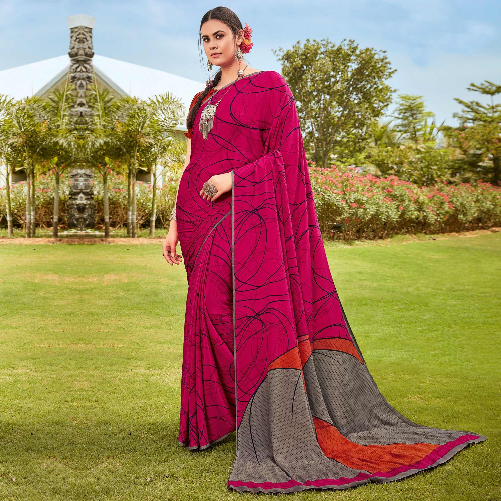 Pink Casual Wear Printed Crepe Saree - Peachmode