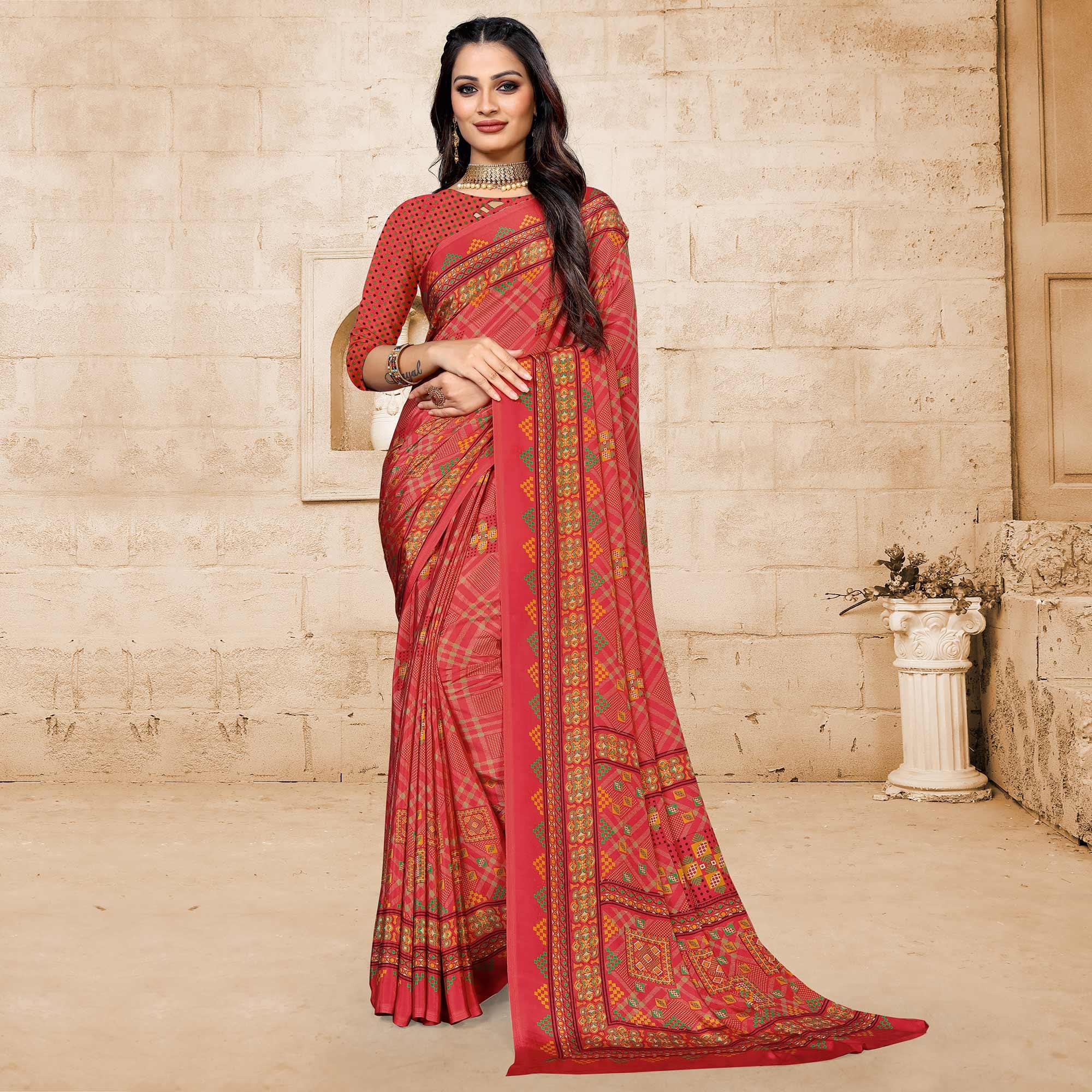 Pink Casual Wear Printed Crepe Saree - Peachmode