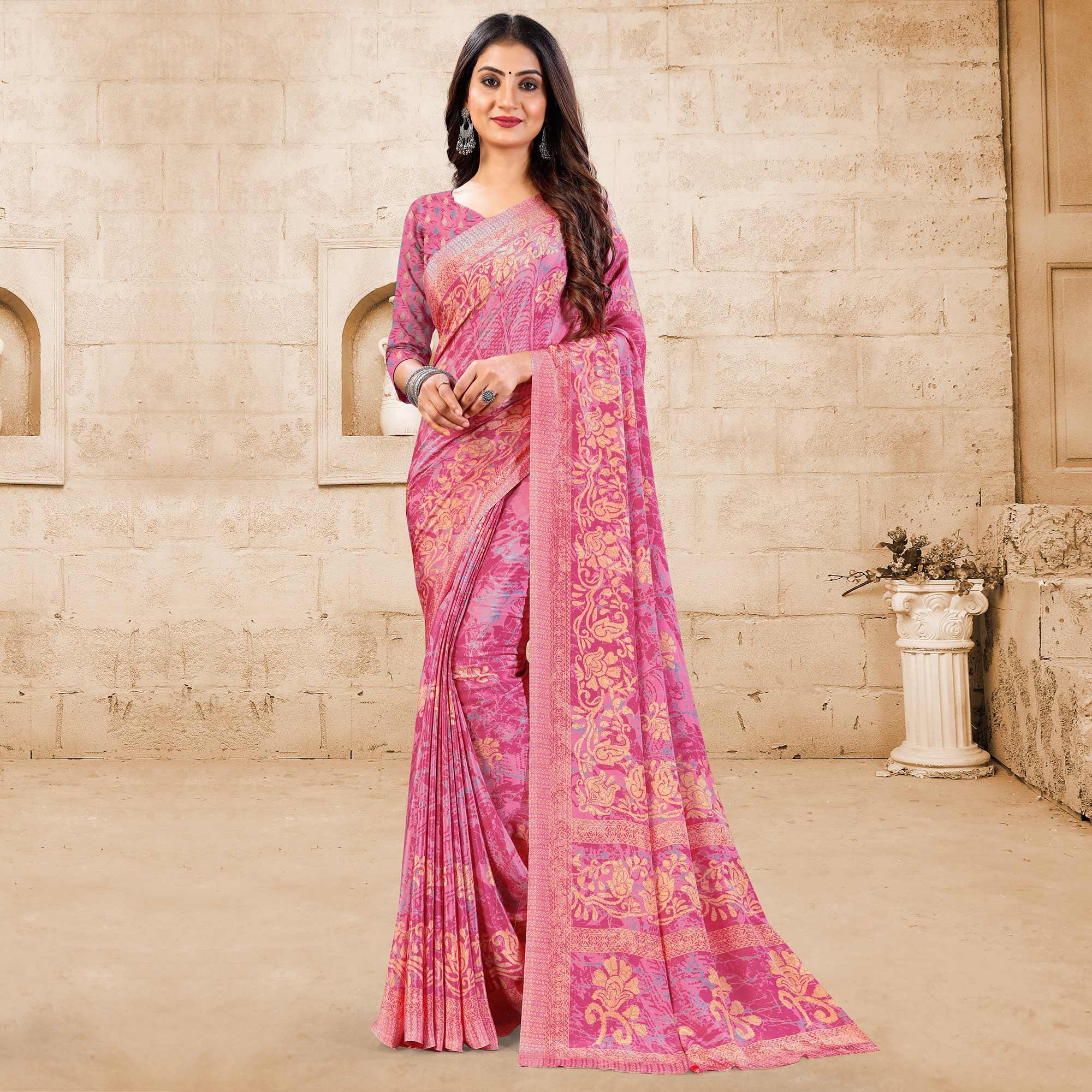 Pink Casual Wear Printed Crepe Saree - Peachmode