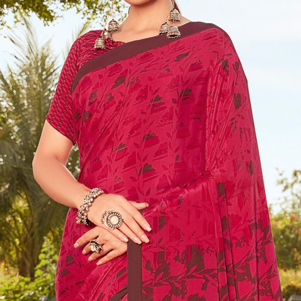Pink Casual Wear Printed Crepe Saree - Peachmode