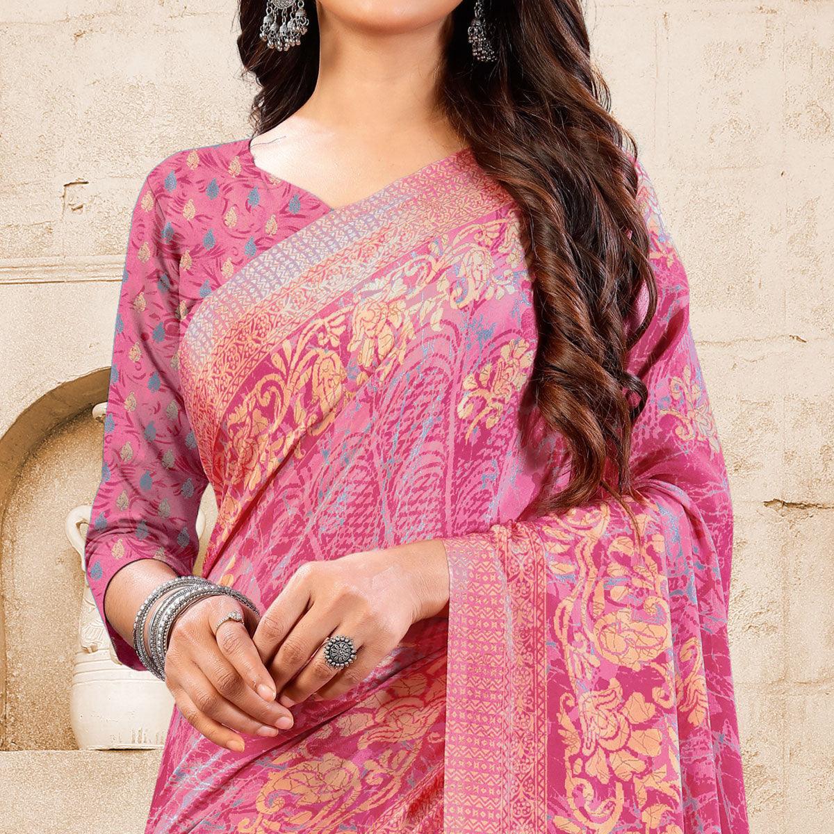 Pink Casual Wear Printed Crepe Saree - Peachmode