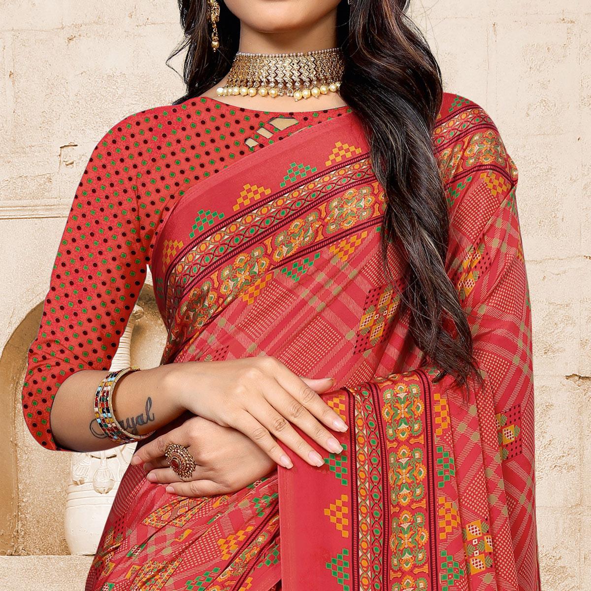 Pink Casual Wear Printed Crepe Saree - Peachmode